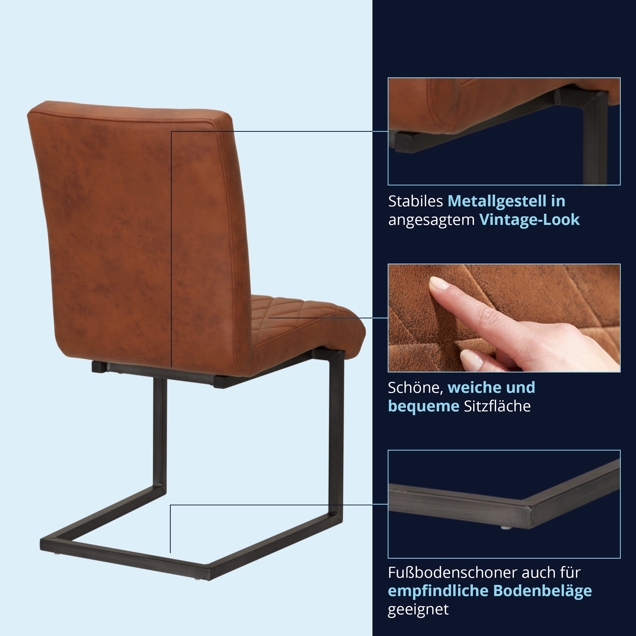 KHG Freischwinger Esszimmerstuhl Leder Braun, bis 110 kg belastbar, Vintage Stil, gepolstert, Nosag-Wellenfederung, Metallgestell Schwarz – Bild 5 von 5