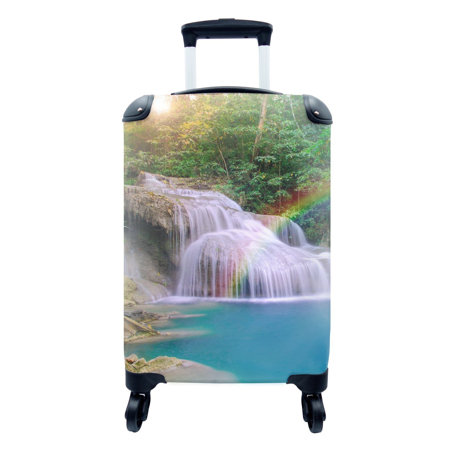 - - Rollen, MuchoWow Natur, Trolley, rollen, Reisetasche Reisekoffer 4 mit - Ferien, für Regenbogen Handgepäck Wasserfall Sonne Handgepäckkoffer