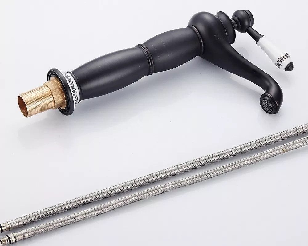 Kinaree Badarmatur Retro Messing Wasserhahn GUNUNG Messing, schwarz, gebürstet, Keramik mit Malerei