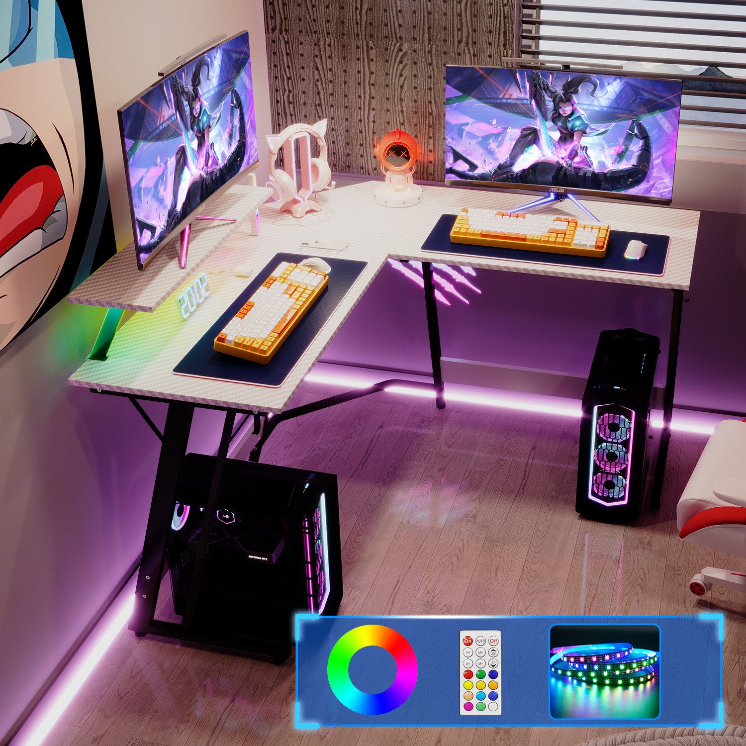 GUNJI Gamingtisch Schreibtisch 130*130cm L-Eckschreibtisch LED-Licht,PC günstig online kaufen