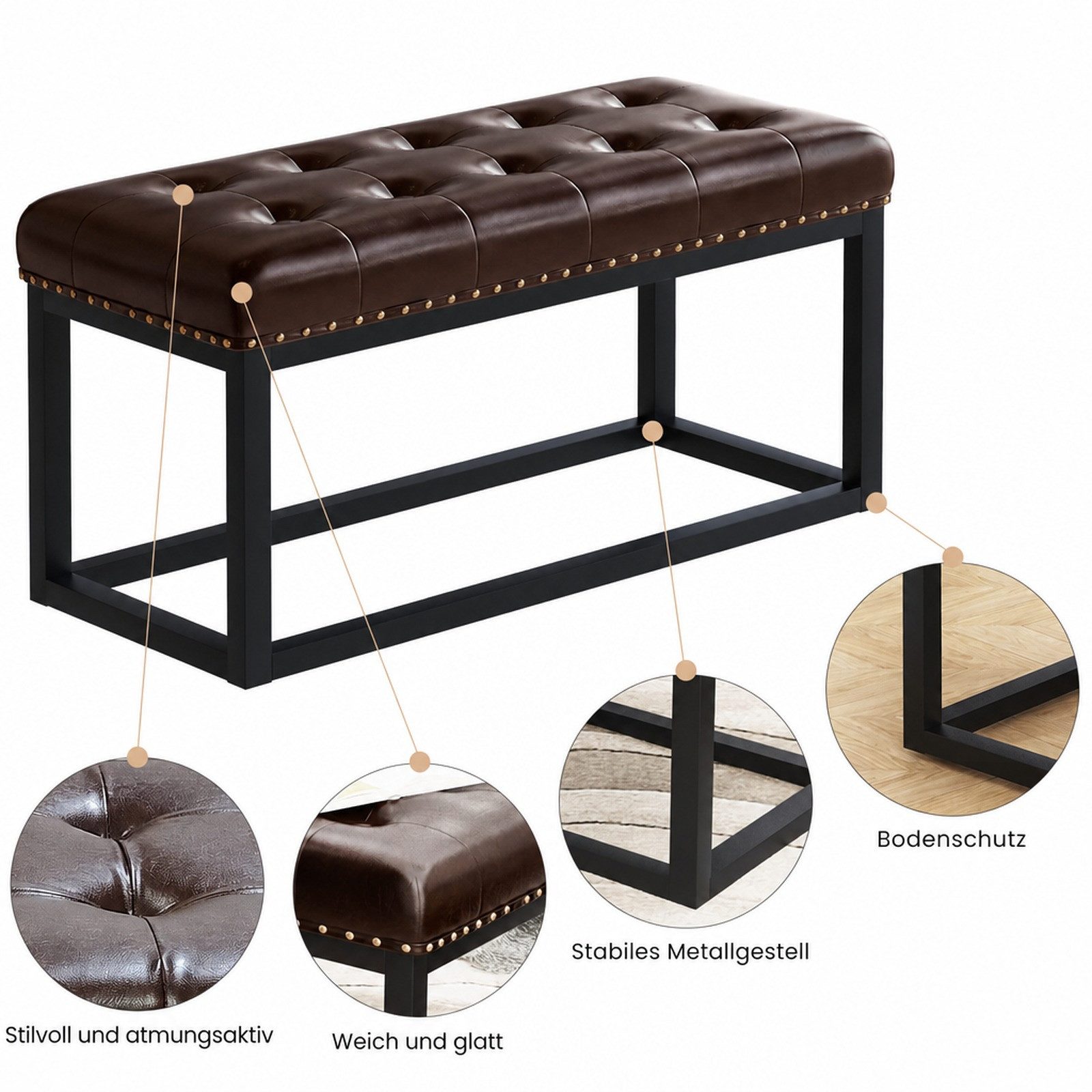REDOM Polsterbank Industrieller Vintage-Look, ideal für Eingangsbereich & Esszimmer (Packung, 1-St., 91 cm lange Polsterbank in Braun mit Knopfsteppung & Metallgestell), Stilvolle Sitzbank auch für Schlafzimmer & als Dekoelement nutzbar