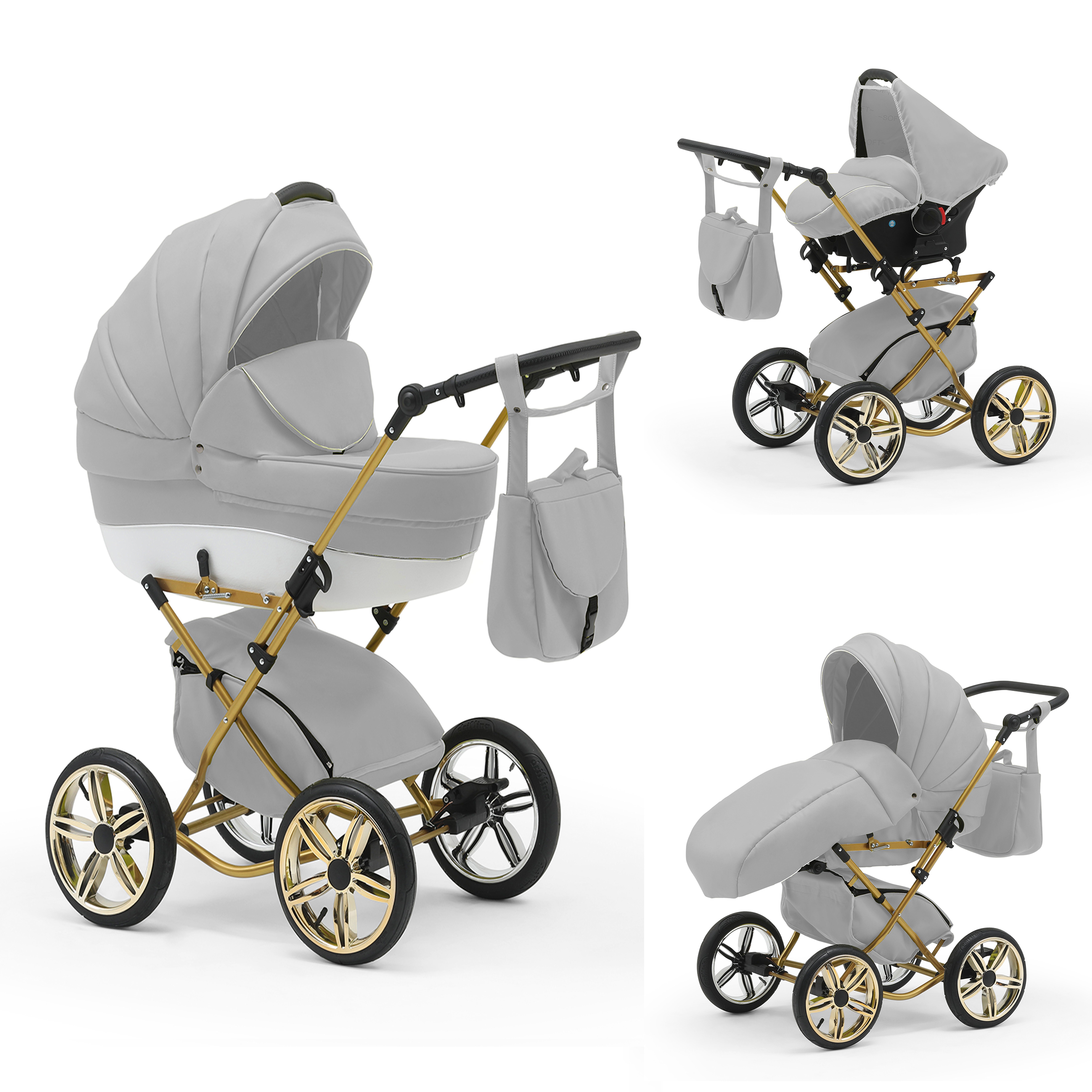 babies-on-wheels Kombi-Kinderwagen Sorento 3 in 1 inkl. Autositz - 13 Teile - in 10 Designs Hellgrau-Weiß