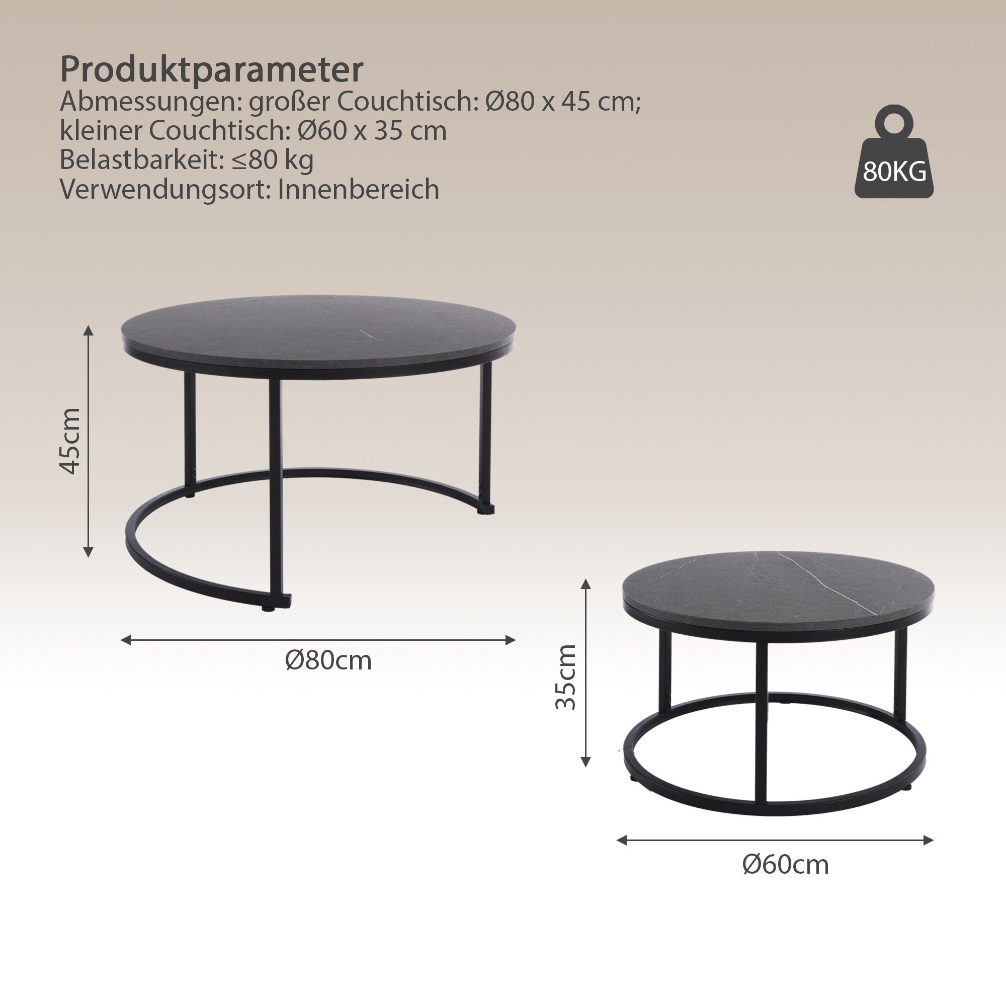 HomeGuru Couchtisch Schwarz Marmormuster, Satztische Design | (2-St., Set) 2 Sintergestein, modernes St., rund, schwarz