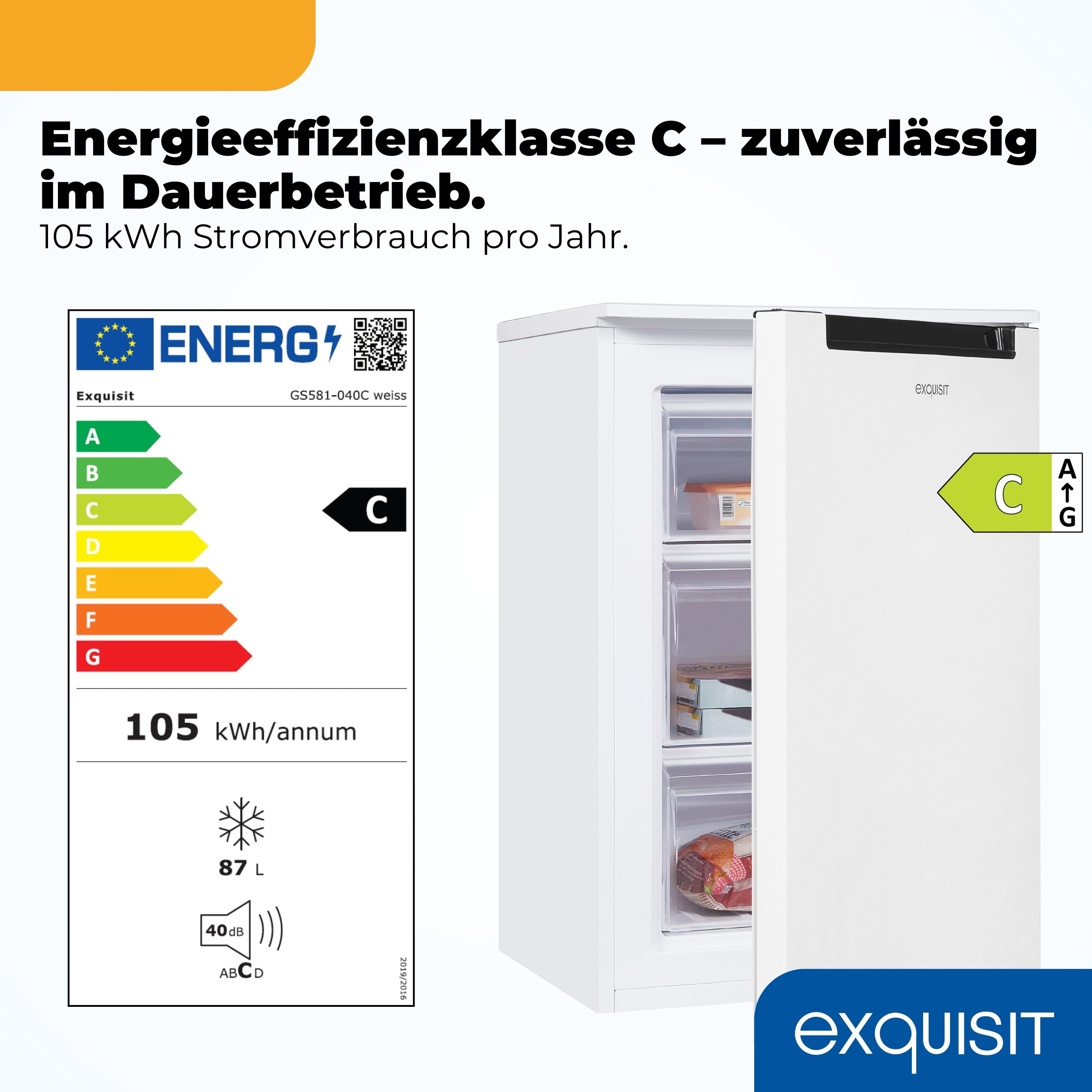 exquisit Gefrierschrank GS581-040C weiss, 85.5 cm hoch, 54.5 cm breit, 87 Liter, 3 Gefrierschubladen, 40 db, EEK: C, 4-Sterne-Gefrieren