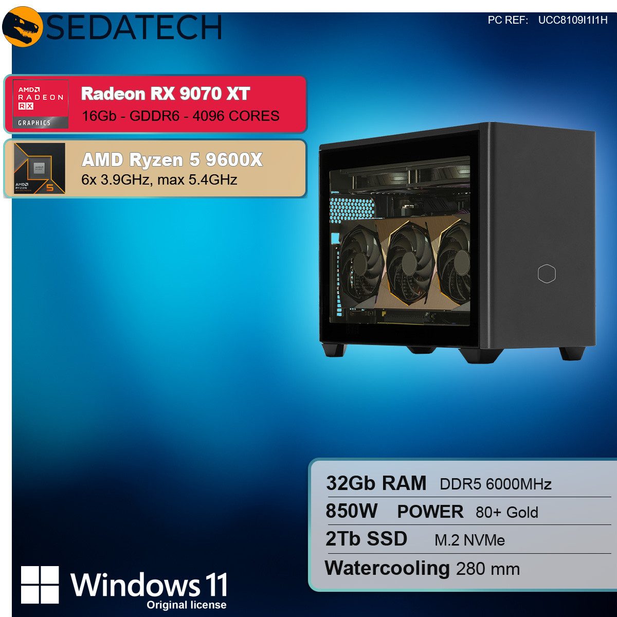 Sedatech UCC8109I1I1HF - Watercooling Workstation Business-PC (AMD Ryzen 5 9600X 6x 3.9GHz (max 5.4GHz), Radeon RX 9070 XT 16GB, 32 GB RAM, 2000 GB SSD, Watercooling, Wlan 6E)