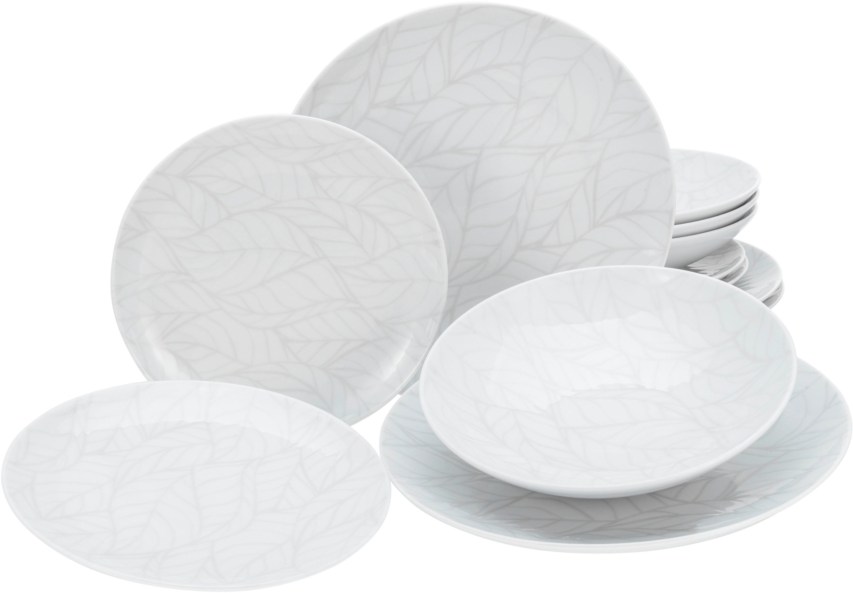 CreaTable Тарелки-Set Geschirr-Set Home - Blätter (12-tlg), 4 Personen, Porzellan, Service, weiß, Used-/Vintage-Look, 12 Teile, für 4 Personen