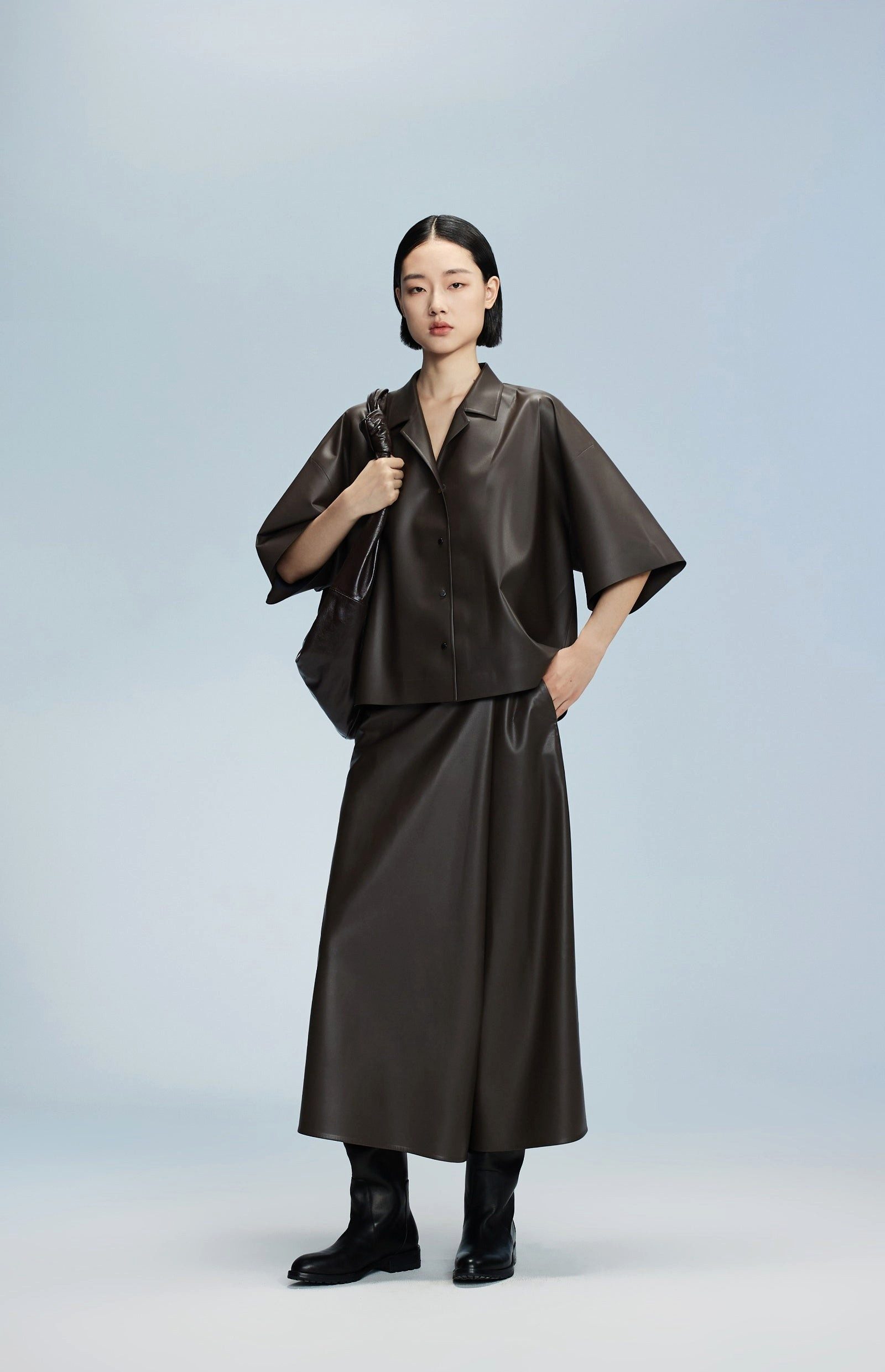LESS Lederimitathose Damen weite 3/4 Hose mit seitlichem Reißverschluss Braun
