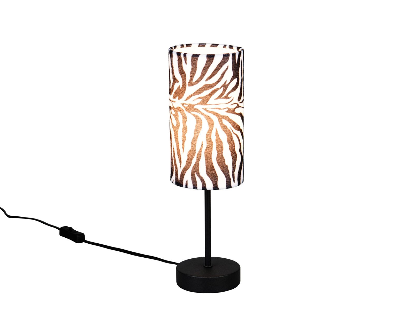 Reality Leuchten LED Nachttischlampe mit Stoffschirm Zebramuster Höhe 36,5cm, Dimmfunktion, LED wechselbar, warmweiß, ausgefallen-e coole besondere Tischlampe Fensterbank Jugendzimmer