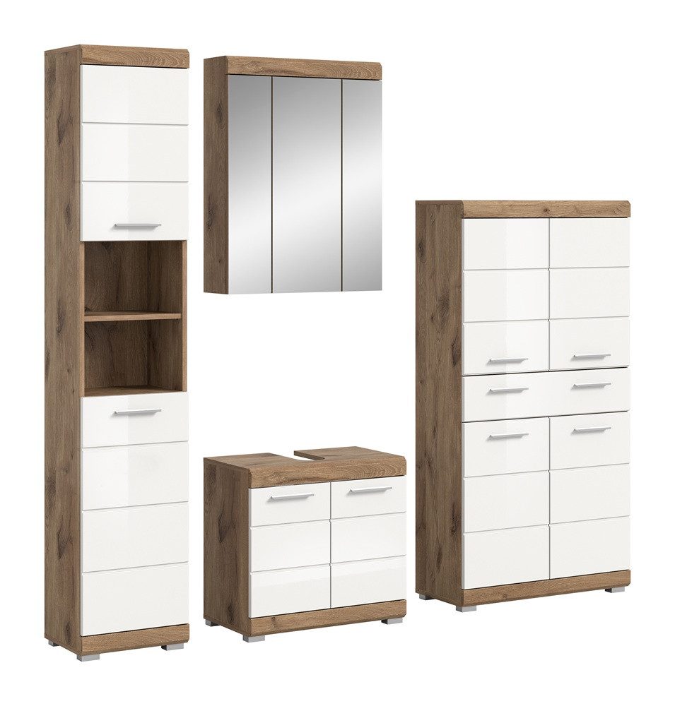 xonox.home Badmöbel-Set Badezimmer-Set Wave, weiß Hochglanz / Nox Oak, 4-teilig, optional, (4-St), Badmöbel, Badkombination