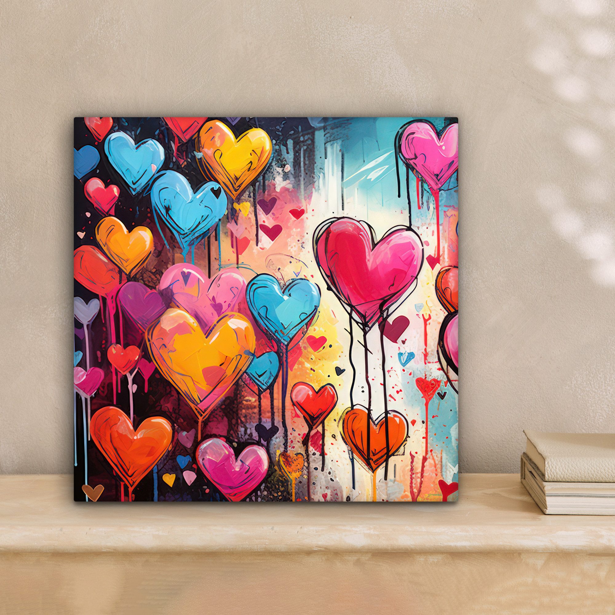 OneMillionCanvasses® Leinwandbild Herzen - Farben - Kunst - Liebe, Fotodruck (1 St), Wandbild, Deko Schlafzimmer Wohnzimmer Flur 20x20 cm