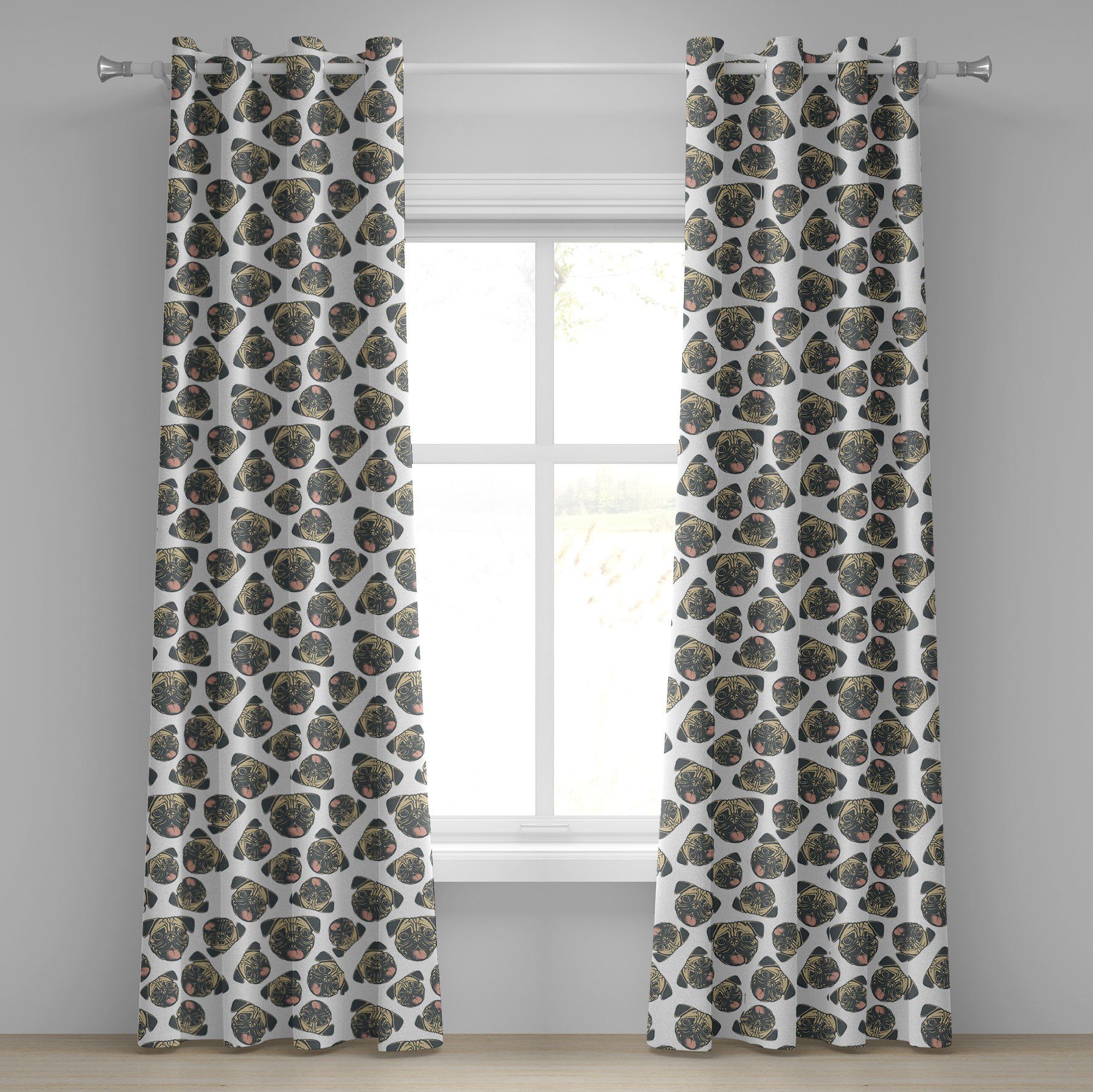 Mops Gardine Grunge-Effekt Schlafzimmer Dekorative Abakuhaus, 2-Panel-Fenstervorhänge Heiter Wohnzimmer, Hunde für