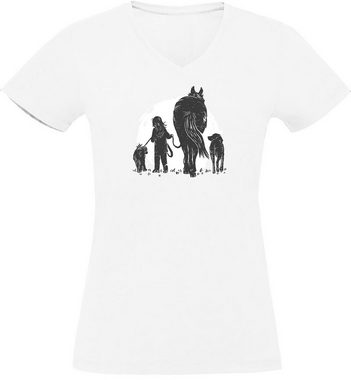 MyDesign24 T-Shirt Damen Pferde Print Shirt - Pferd mit Mädchen und Hunden V-Ausschnitt Baumwollshirt mit Aufdruck Slim Fit, i150