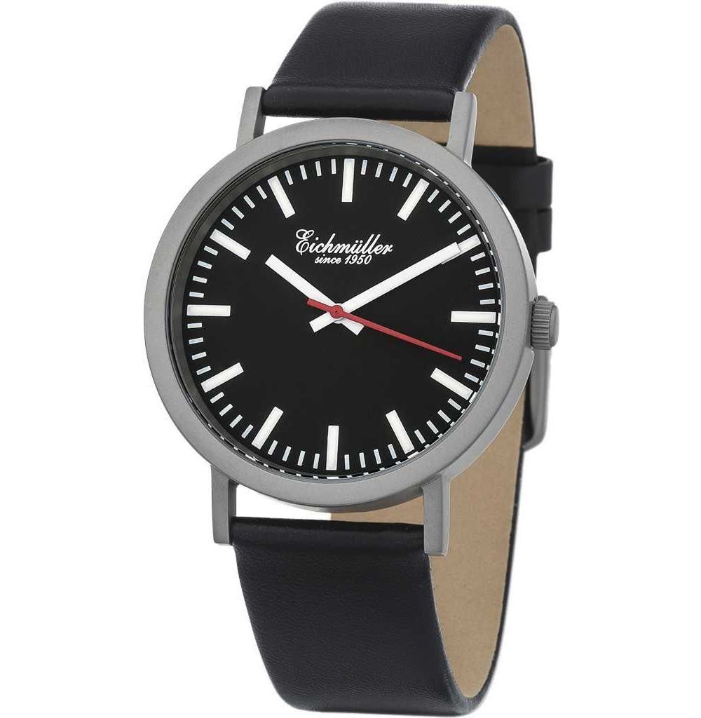 Lederband m 1741-04 schwarz Quarzuhr 40 Eichmüller Bahnhofsuhr Armbanduhr