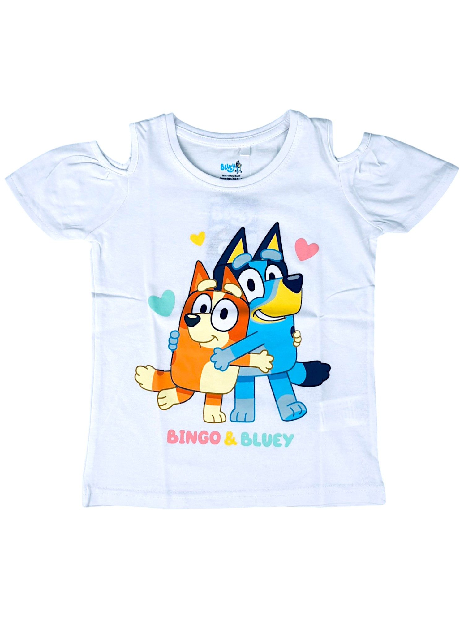 Bluey T-Shirt Bingo & Bluey Mädchen Jersey Off-Shoulder Kurzarmshirt aus Baumwolle Gr.92- 116 cm