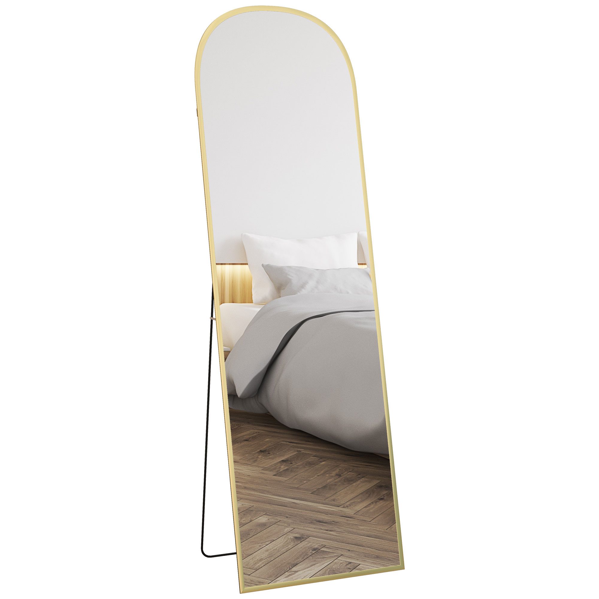 HOMCOM Standspiegel Standspiegel mit Bruchsichere Hartglas und Alurahmen, Wandspiegel (Ganzkörperspiegel, 1-St., 170 x 50 cm Gewölbter Wandspiegel), zum Anlehnen, Stehen, für Wohnzimmer, Schlafzimmer, Flur, Gold