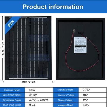 GLIESE Solarmodul 12V Solarmodul 50W Solarpanel Photovoltaik, 50,00 W, Monokristalline, (packung, 1 Stück MONO Solarpanel), IP65
