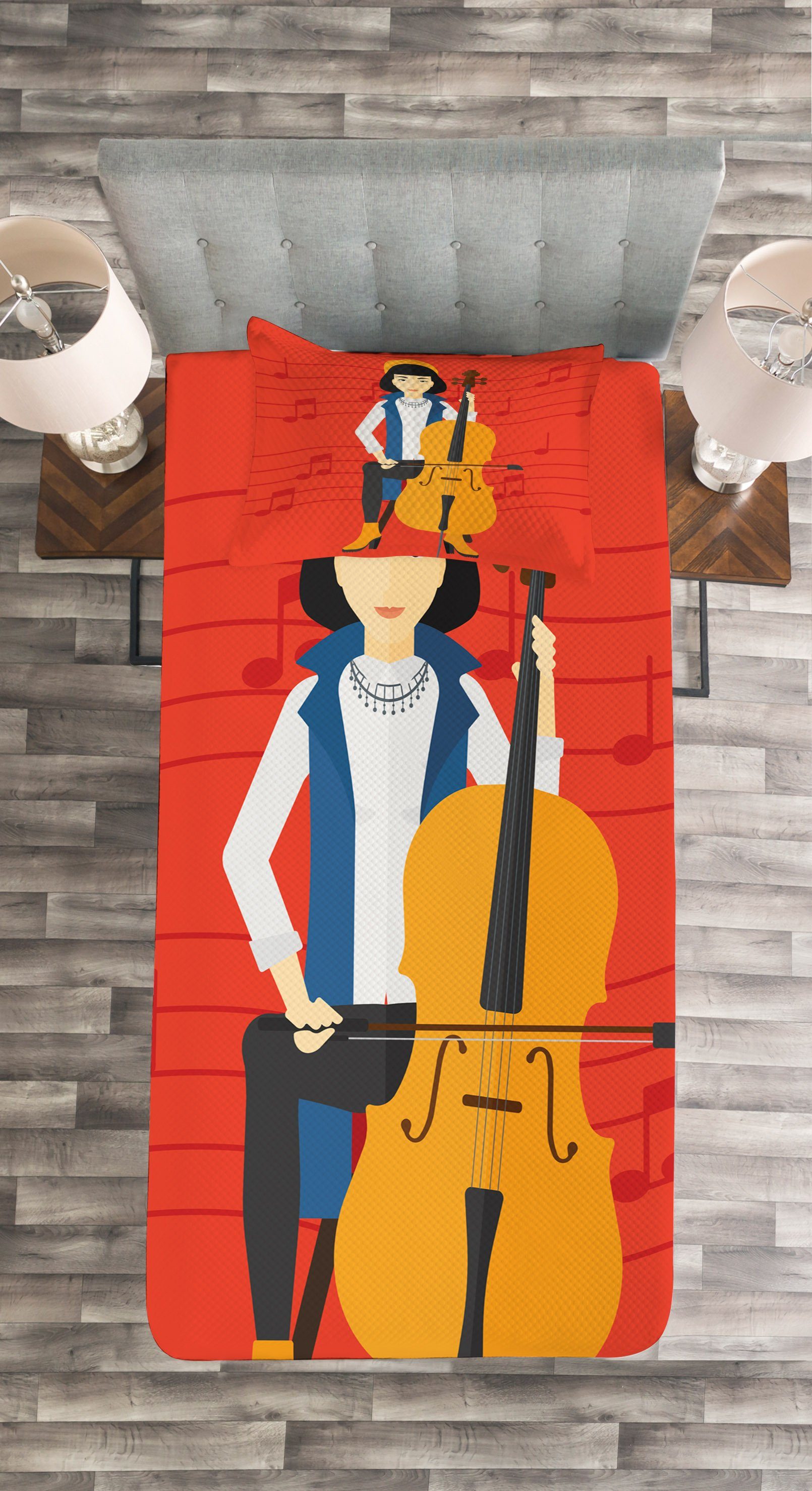 Waschbar, Tagesdecke Cello Wiedergabe von Frau mit Musik Kissenbezügen Set Cartoon Abakuhaus,