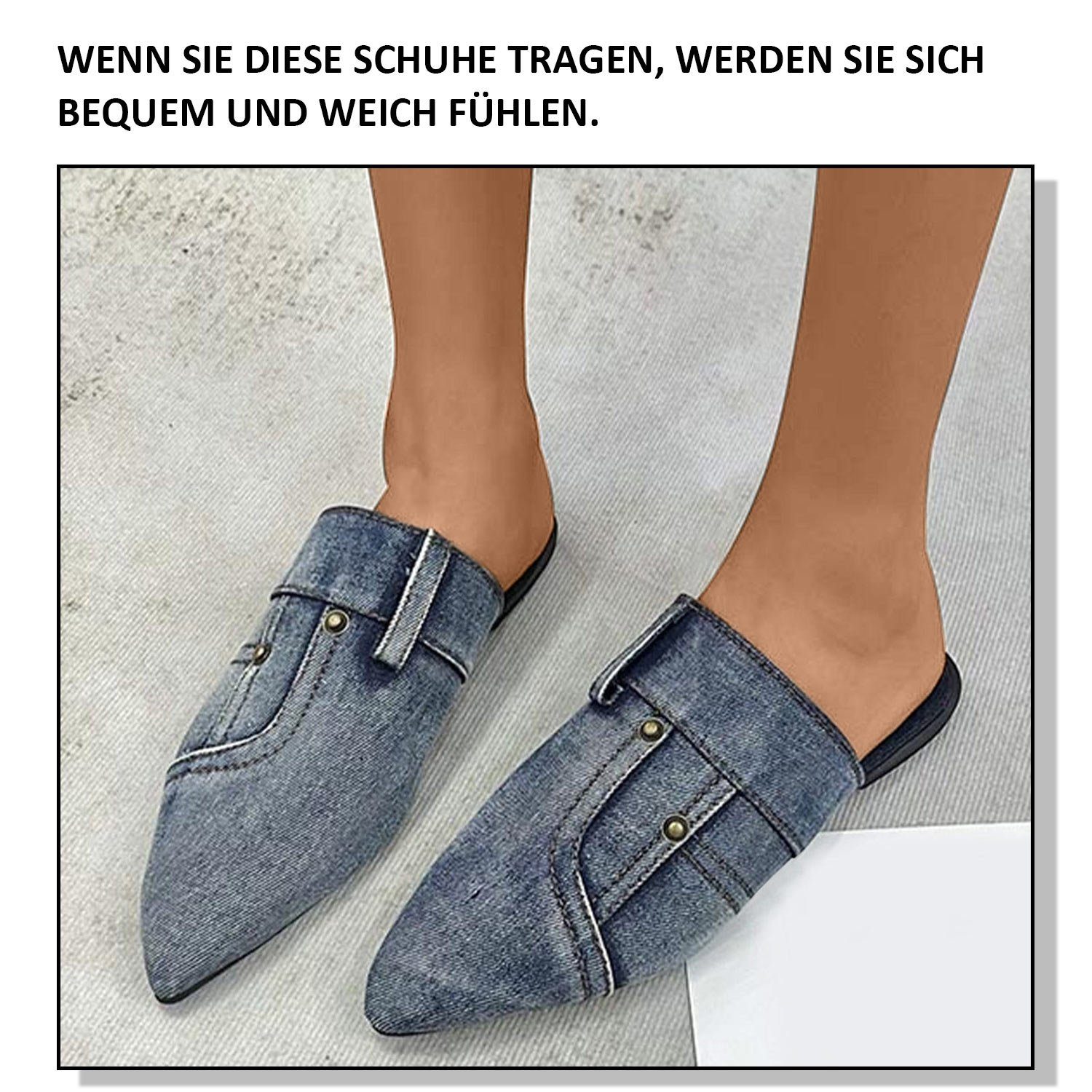 Daisred Damen Denim Flats Sandalen Hausschuhe Dunkelblau Mode Pantoffel Spitz