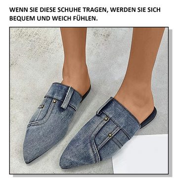 Daisred Damen Denim Flats Mode Hausschuhe Spitz Sandalen Pantoffel