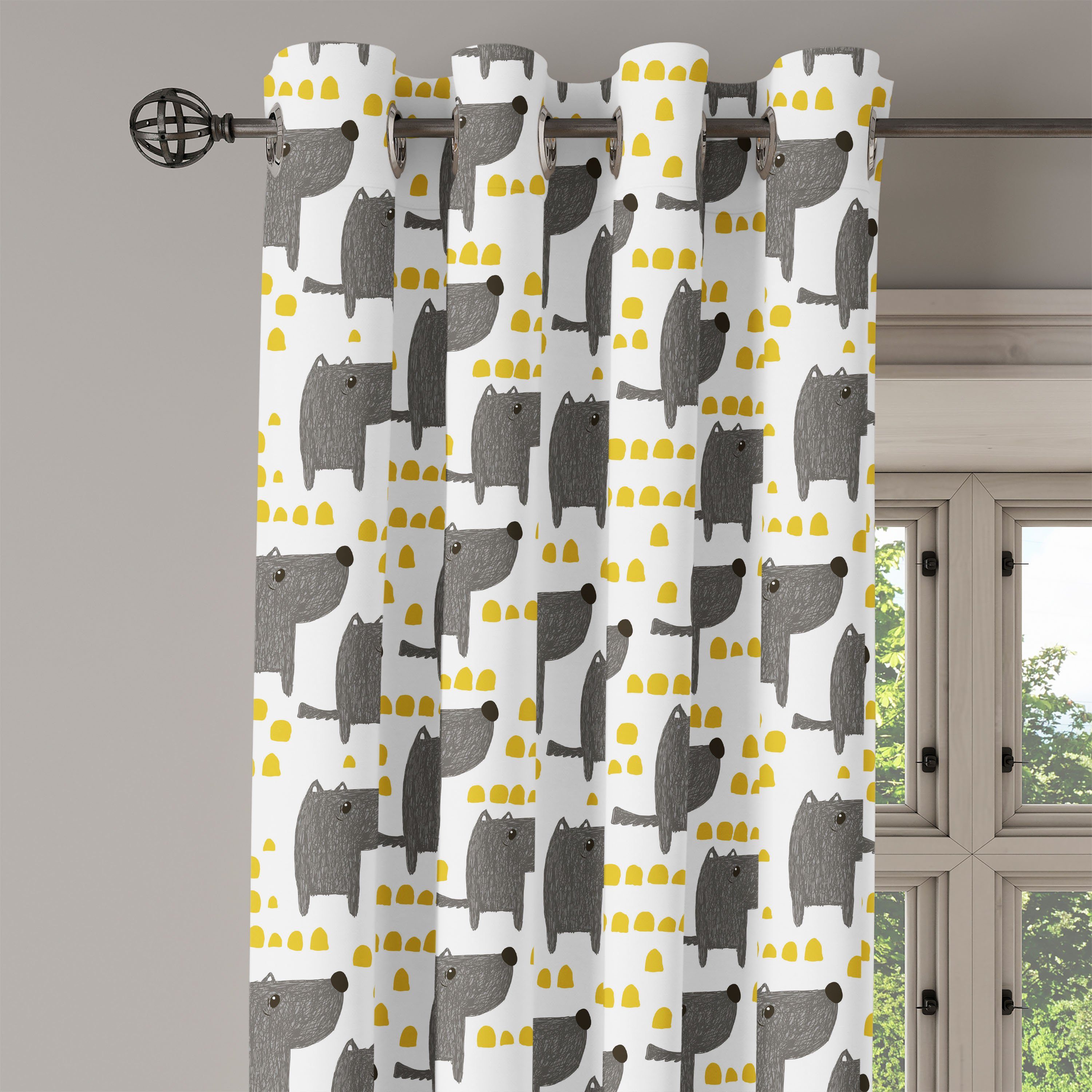 Canine Sketch Abakuhaus, Gardine für Schlafzimmer Dekorative Wohnzimmer, Hund 2-Panel-Fenstervorhänge Muster Stil