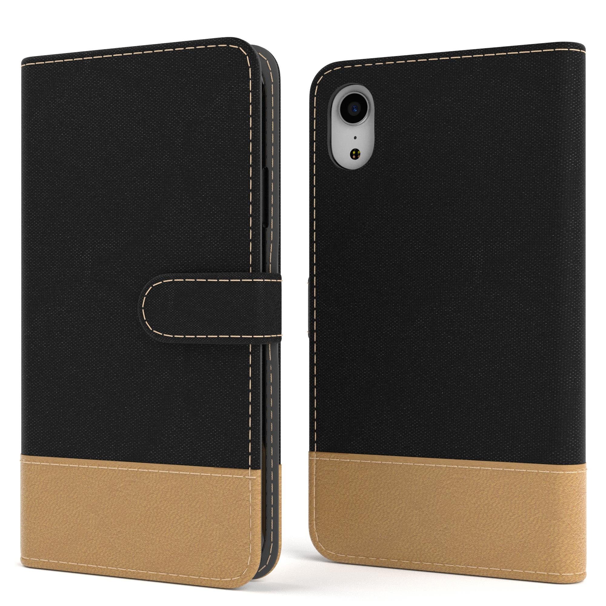 EAZY CASE Handyhülle Bookstyle Farbig für Apple iPhone XR 6,1 Zoll, Handytasche Jeans mit Standfunktion und Visitenkartenfach Schwarz