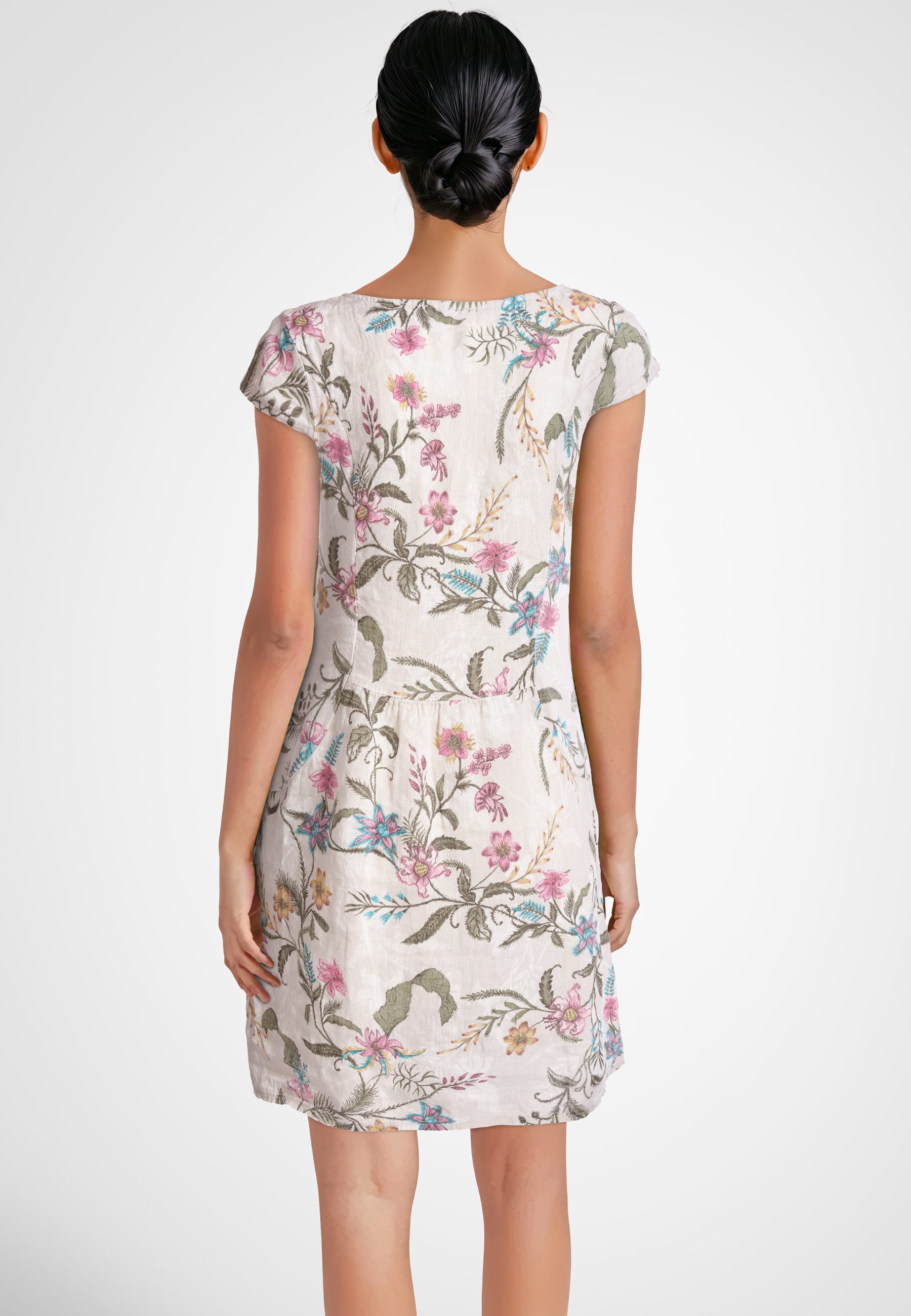 PEKIVESSA Sommerkleid Leinenkleid knielang kurzarm (Einzelartikel, 1-tlg) Leinenstoff mit Blumenmuster