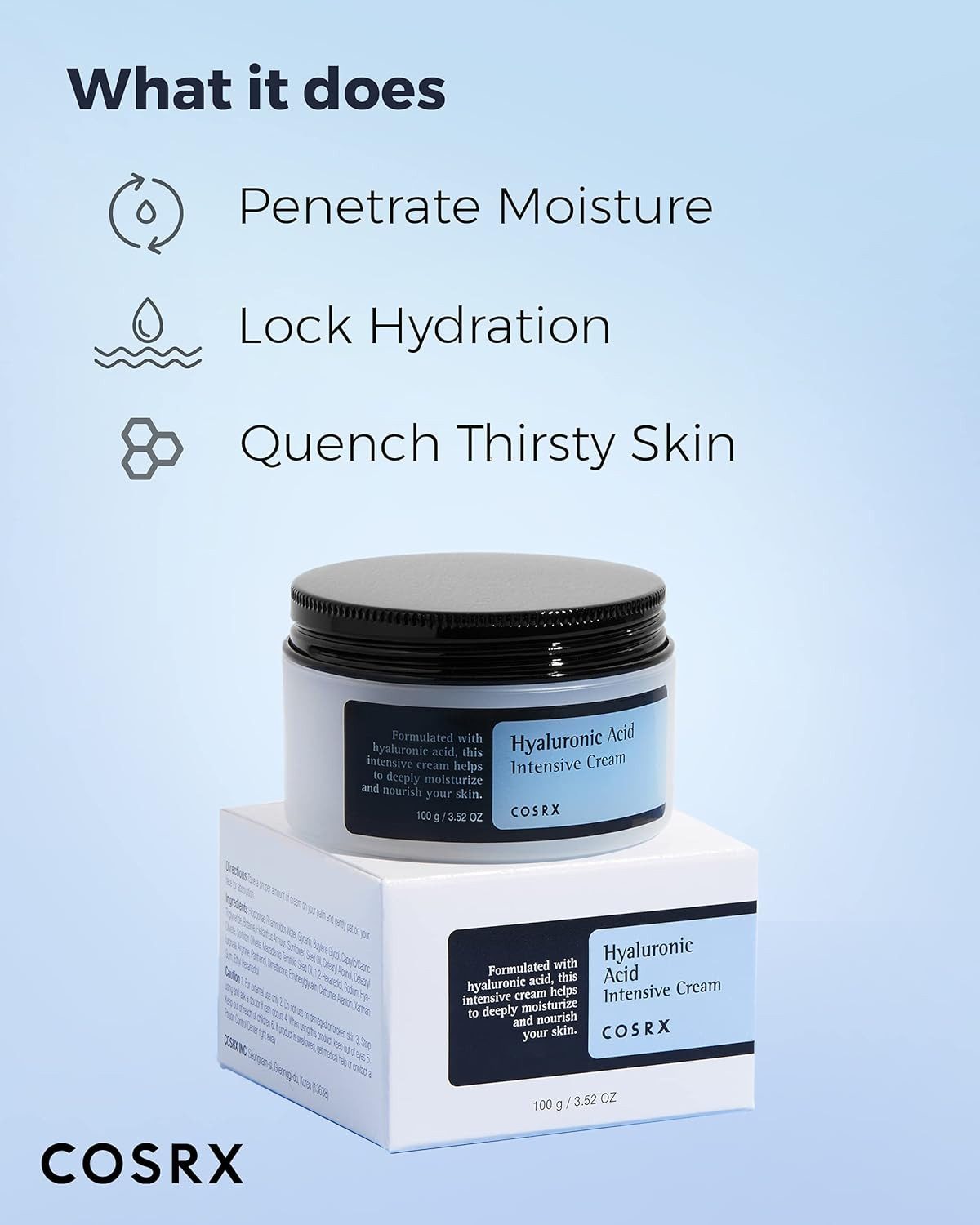 Cosrx Tagescreme Hyaluronic Acid Intensive Cream 100ml – feuchtigkeitsspendende Gesichtscreme mit Hyaluronsäure, Sanddorn, Glycerin, Panthenol &, Macadamiaöl – für trockene, empfindliche Haut – parabenfrei