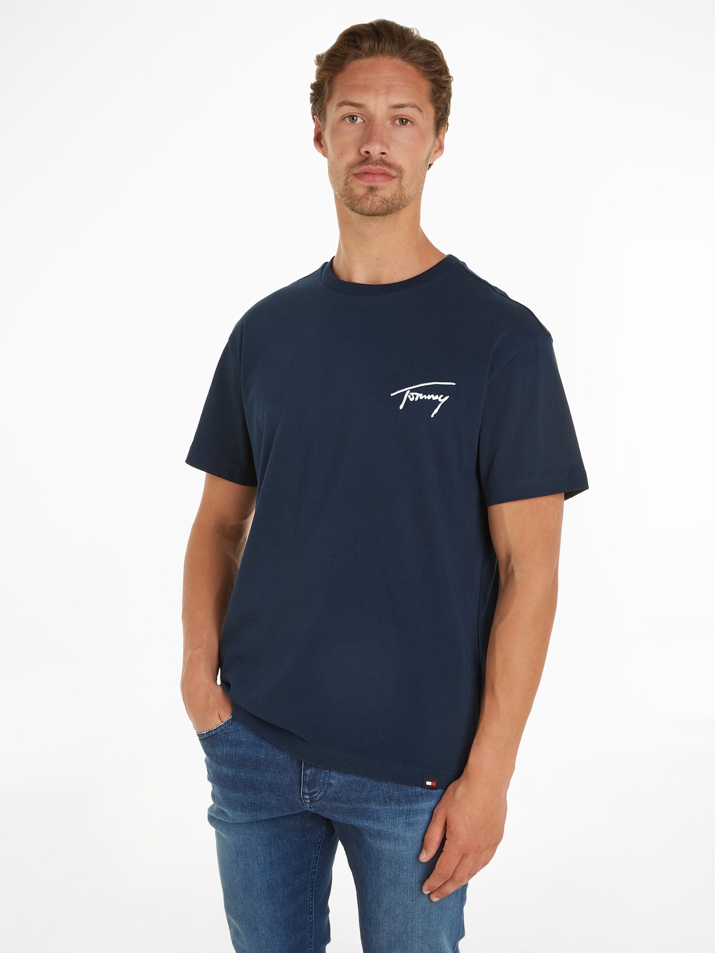 Tommy Jeans T-Shirt TJM REG SIGNATURE TEE EXT mit Logostickerei Dark Night Navy