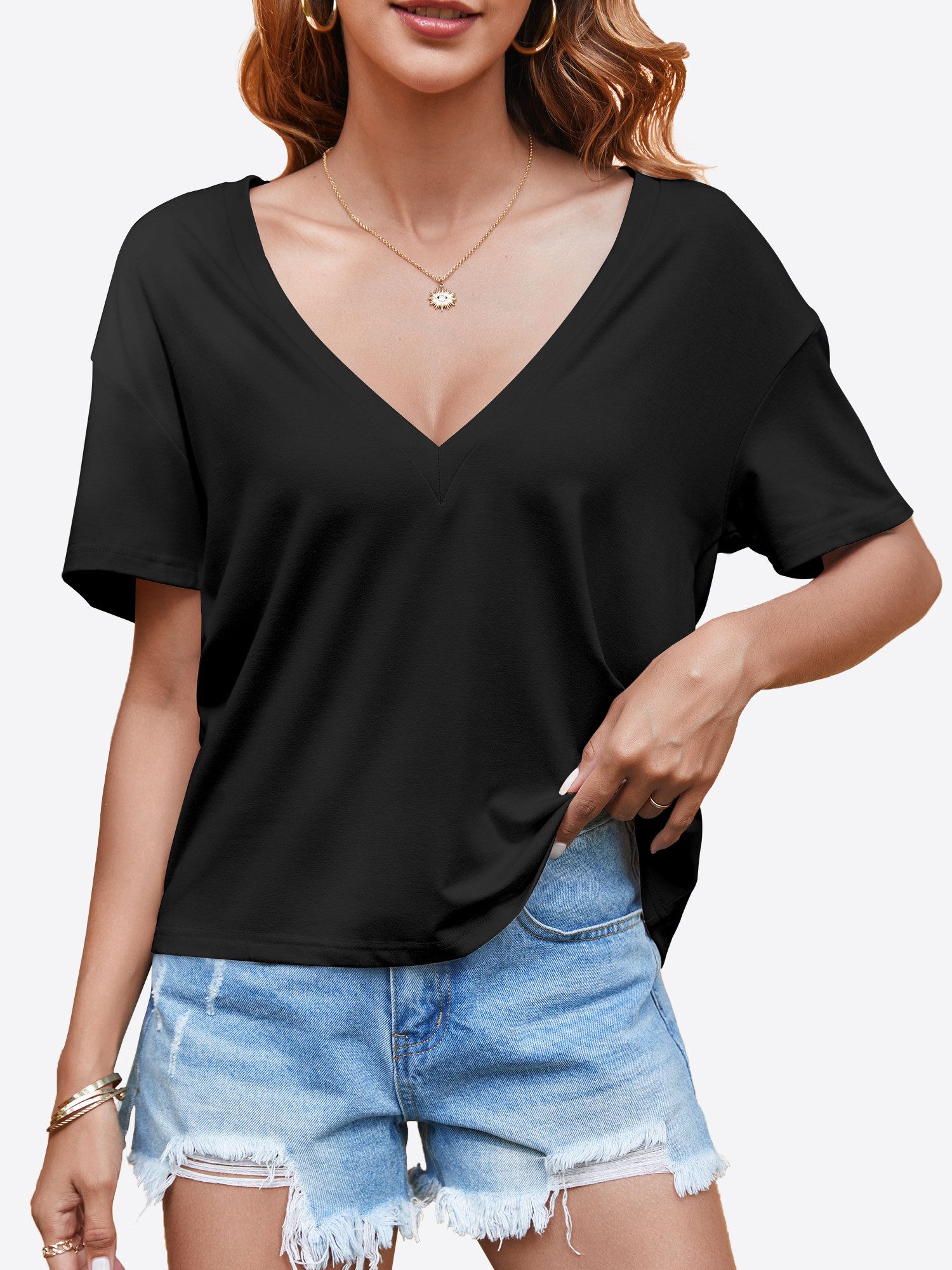 Imily Bela T-Shirt Damen Freizeit Kurzarmtop (Packung, 1-tlg., 1per-Pack) Einfarbig – Bild 5 von 5