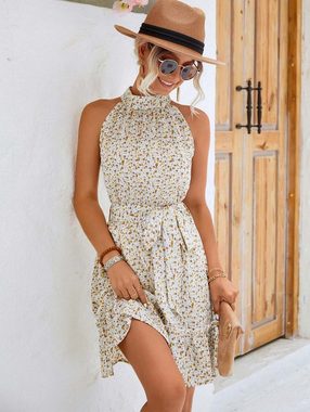 FIDDY Strandkleid Sommerkleider Damen Knielang Elegant Kleid Rüschen Freizeitkleider