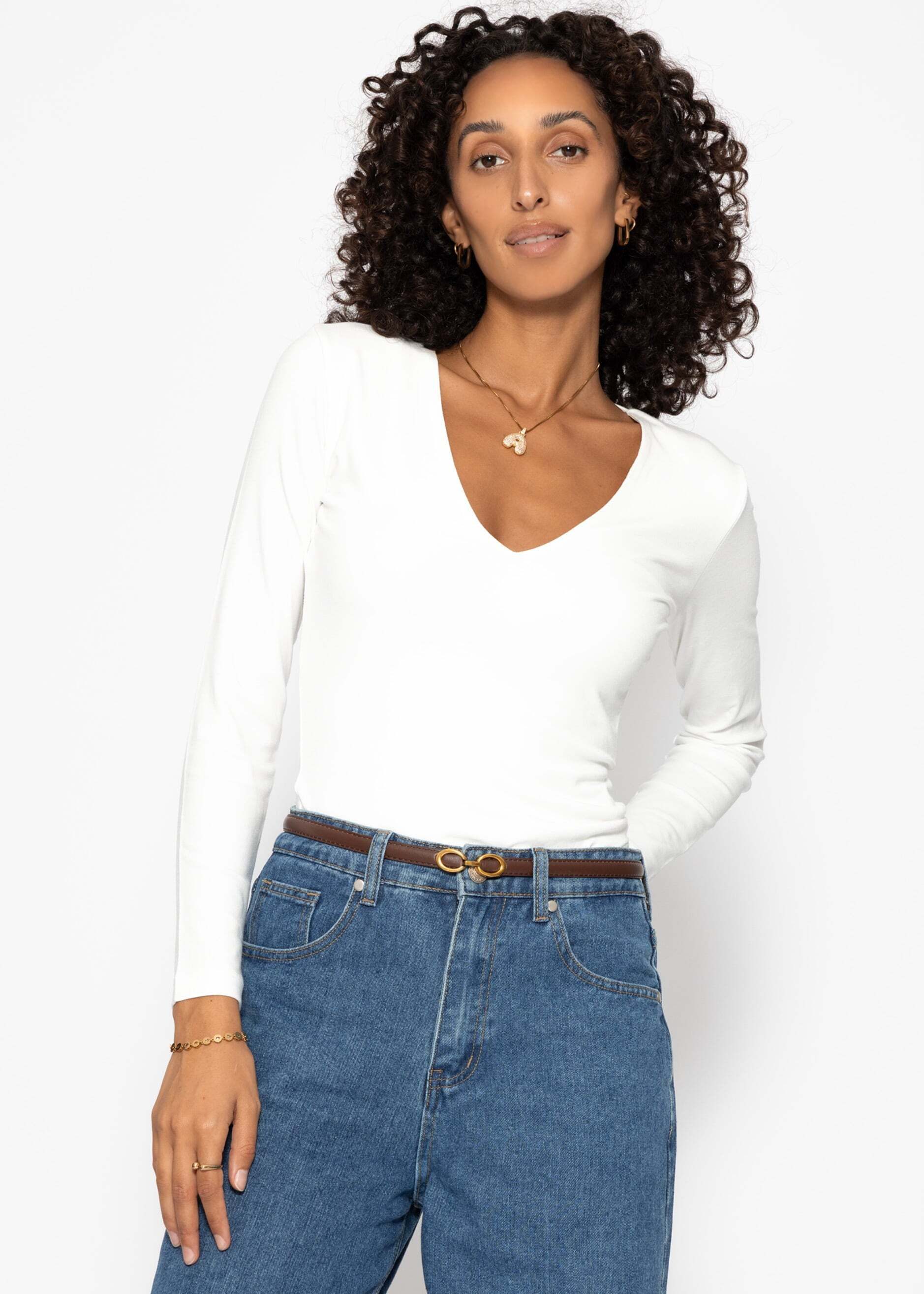 SASSYCLASSY Body Langarm Body mit V-Ausschnitt für Damen Moderner Body in figurbetonter Passform Rosa Schwarz Weiß Beige