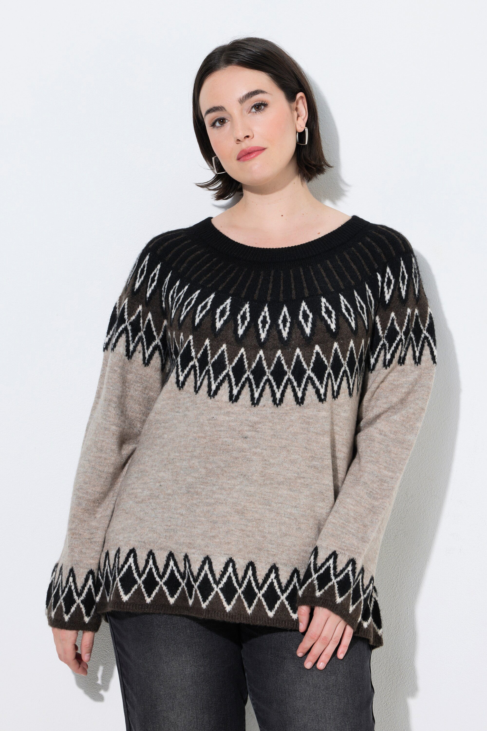 Ulla Popken Strickpullover Pullover Norwegermuster Rundhals Langarm