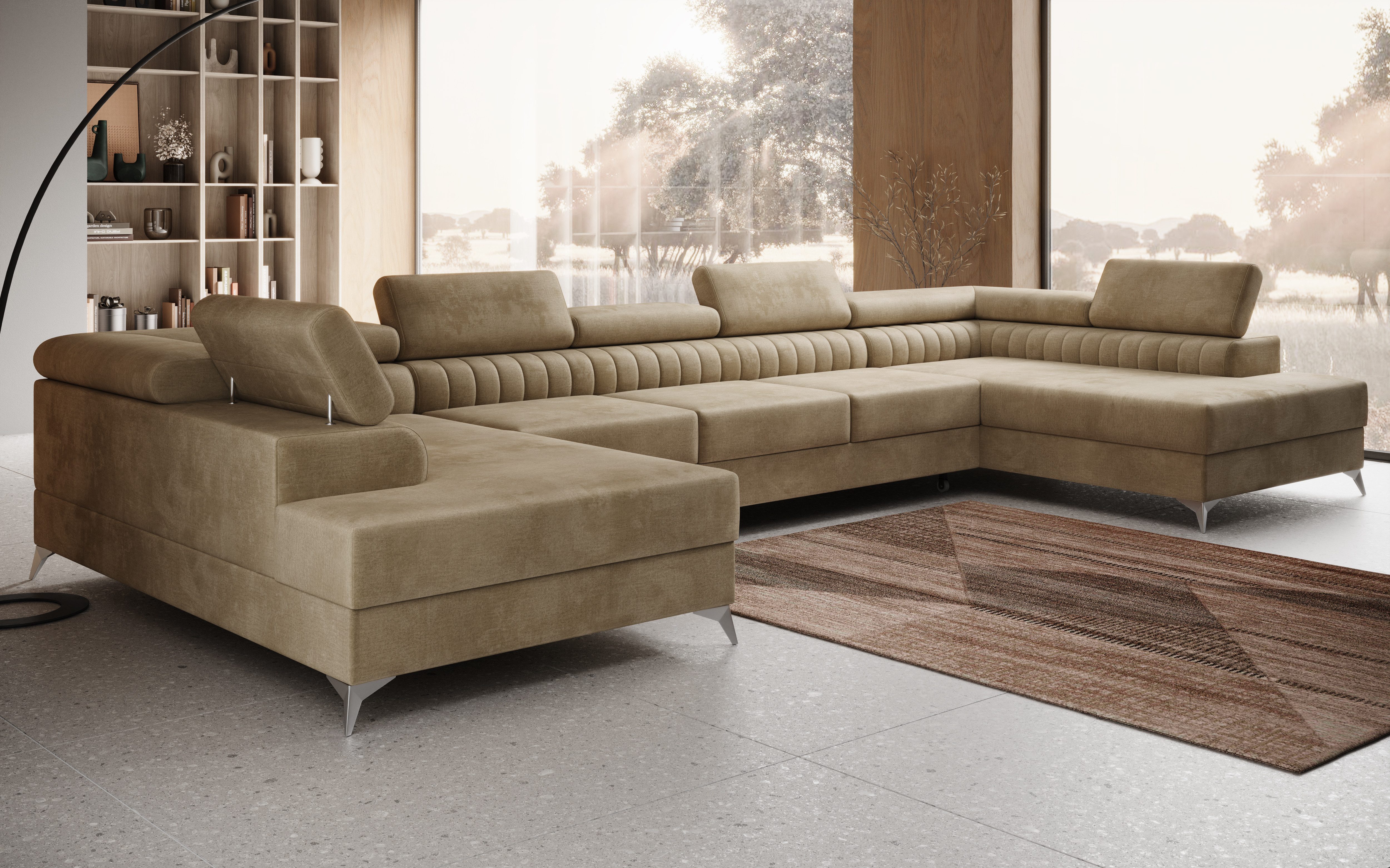 thematys Ecksofa FERMO 403 x 203cm mit Schlaffunktion & Bettkasten –, U-Sofa mit verstellbaren Kopfstützen, Samt (Monolotith), oder Bouclé (Quelle), - U-Form, XL-Wohnlandschaft, 390 cm breit