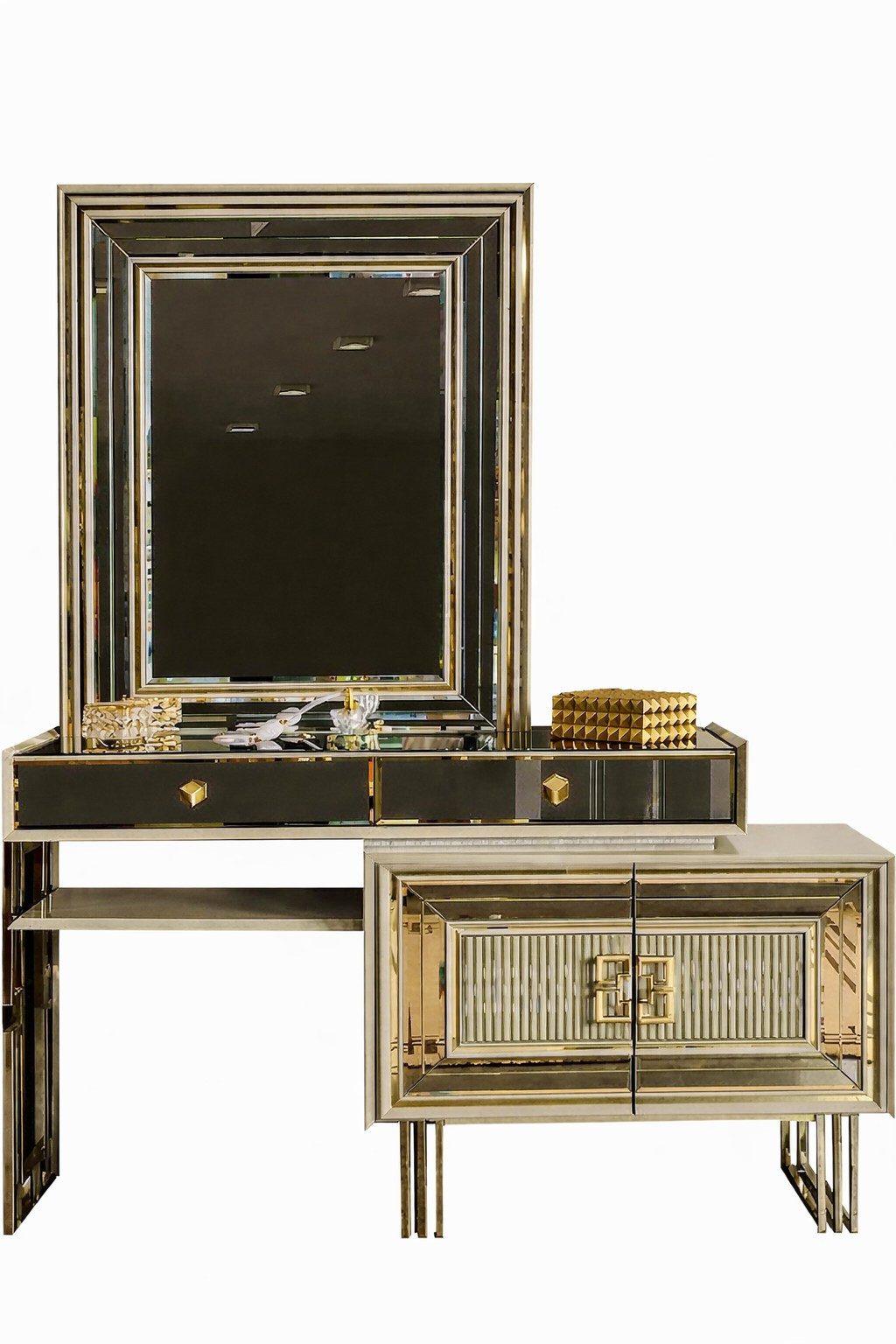 Xlmoebel Schminktisch Eleganter Frisiertisch mit Spiegel und Schubladen in Gold, Made in Europa