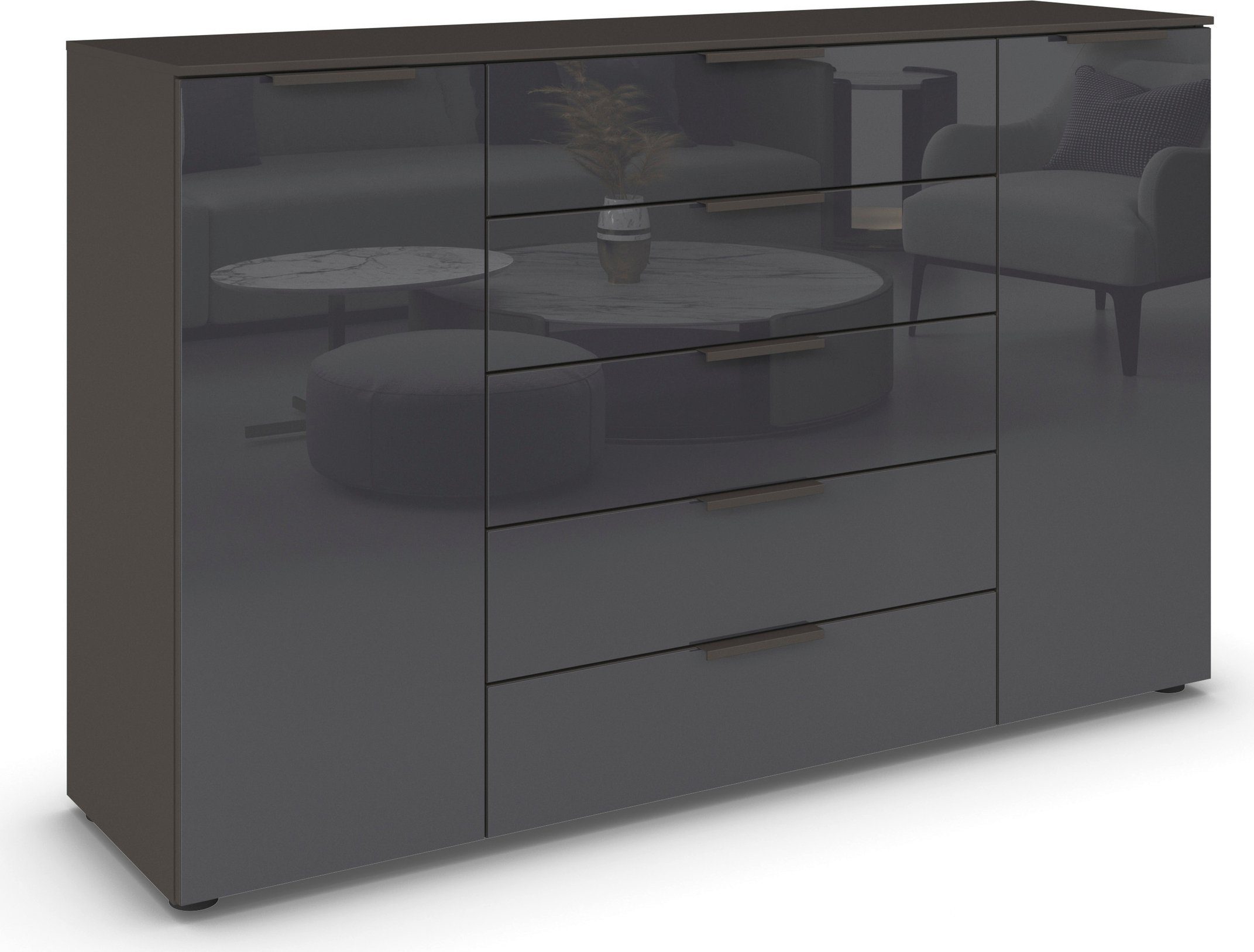 rauch Schubkastenkommode Kommode Türkommode Sideboard Kombikommode FLIPP mit Glasfront (Breite 160/180 cm mit 4 Einlegeböden), 2-trg mit 5 Schubladen und Soft-Close, 2 Breiten MADE IN GERMANY