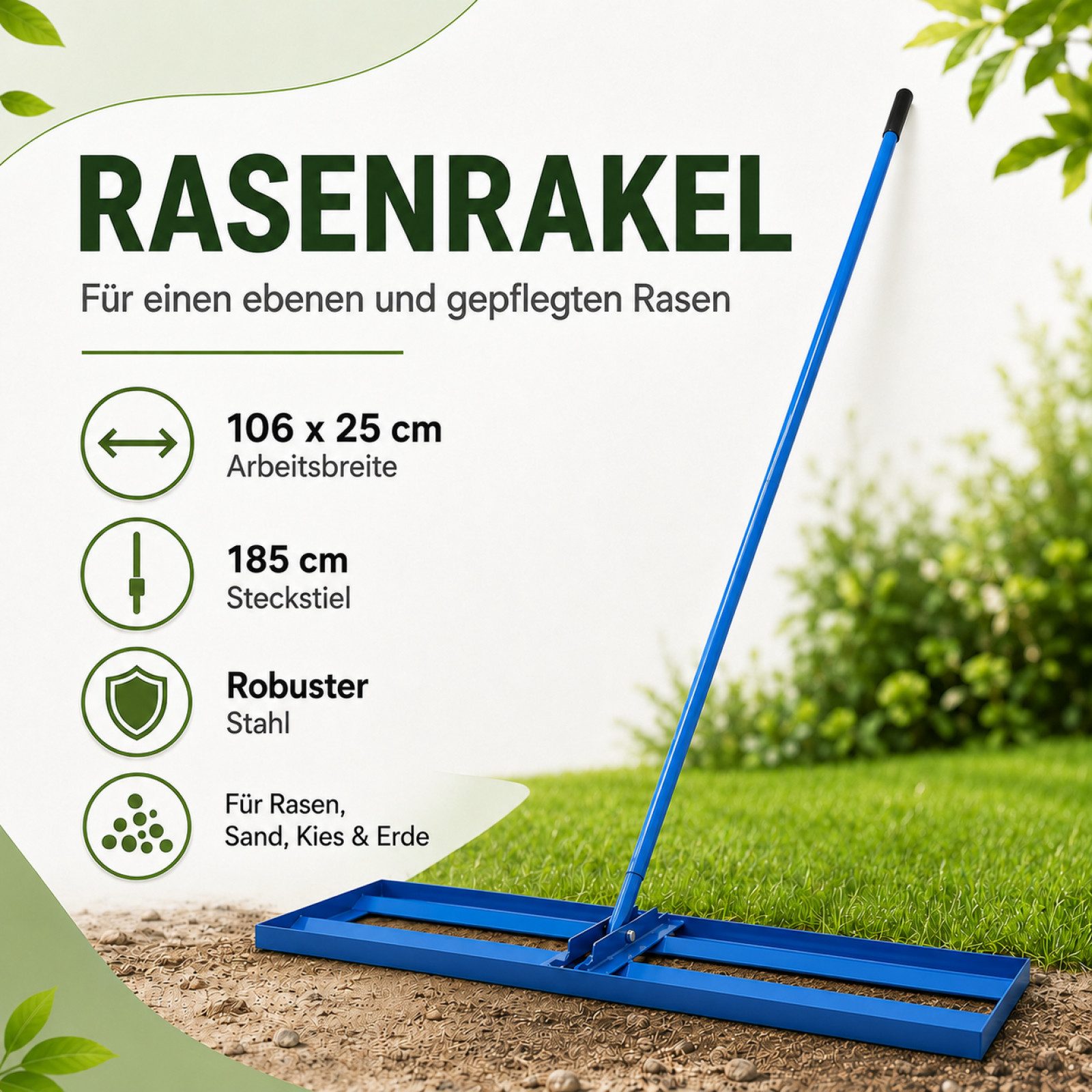 Bituxx Rasenrechen Rasenrakel 106x25 cm, 106 cm Arbeitsbreite, mit 185 cm langem Stiel, (1-tlg., MS-19337) – Bild 2 von 5