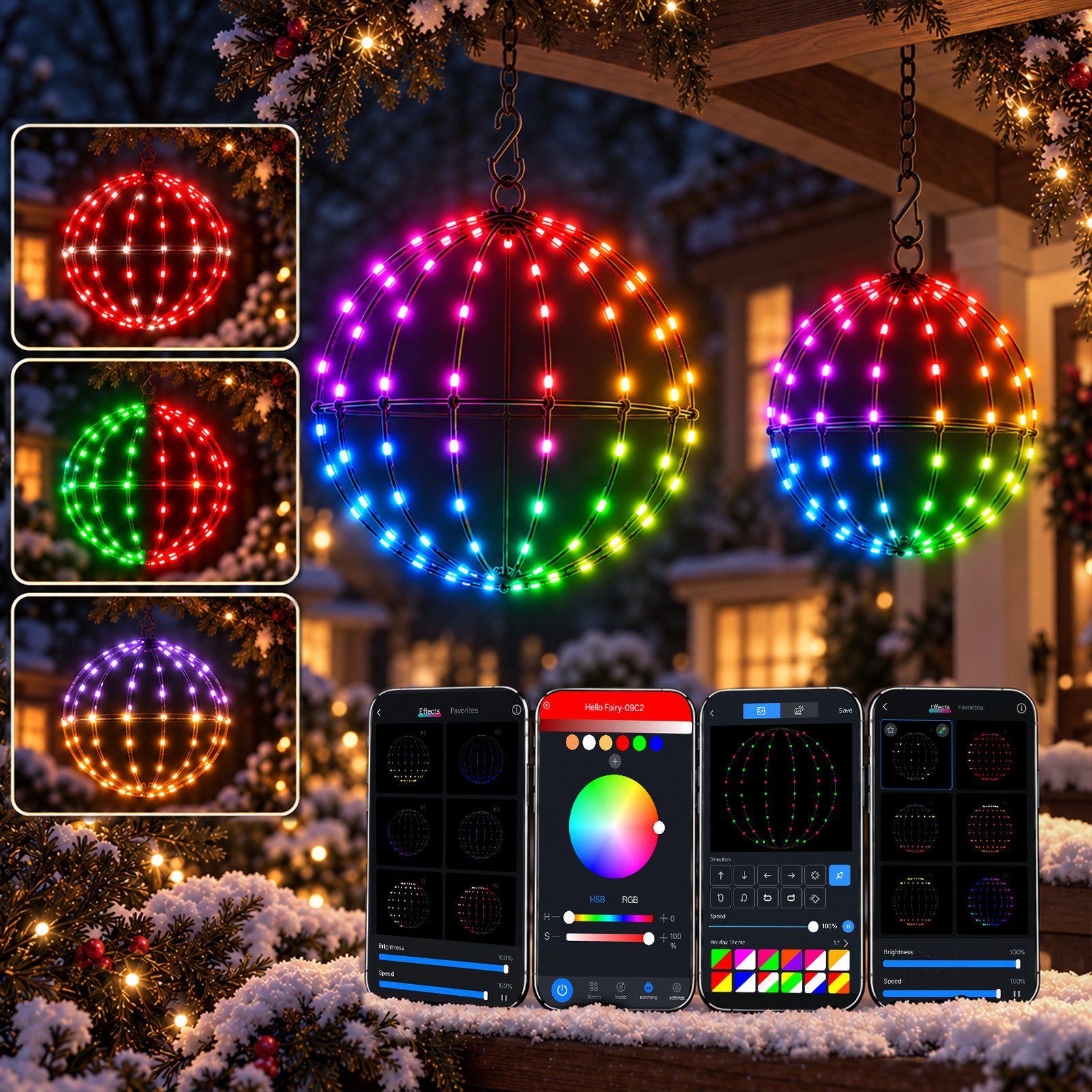 XIIW LED Kugelleuchte 2PCS Smart APP RGB Leuchtkugel Bunt 33+28cm mit 228 LEDs Lichterkugel, 40+ Szenenmodi, Timer, Musik-Sync, Faltbare Lichtkugel, LED fest integriert, Hängende Kugel Lichter Weihnachtsbeleuchtung Weihnachtsdeko