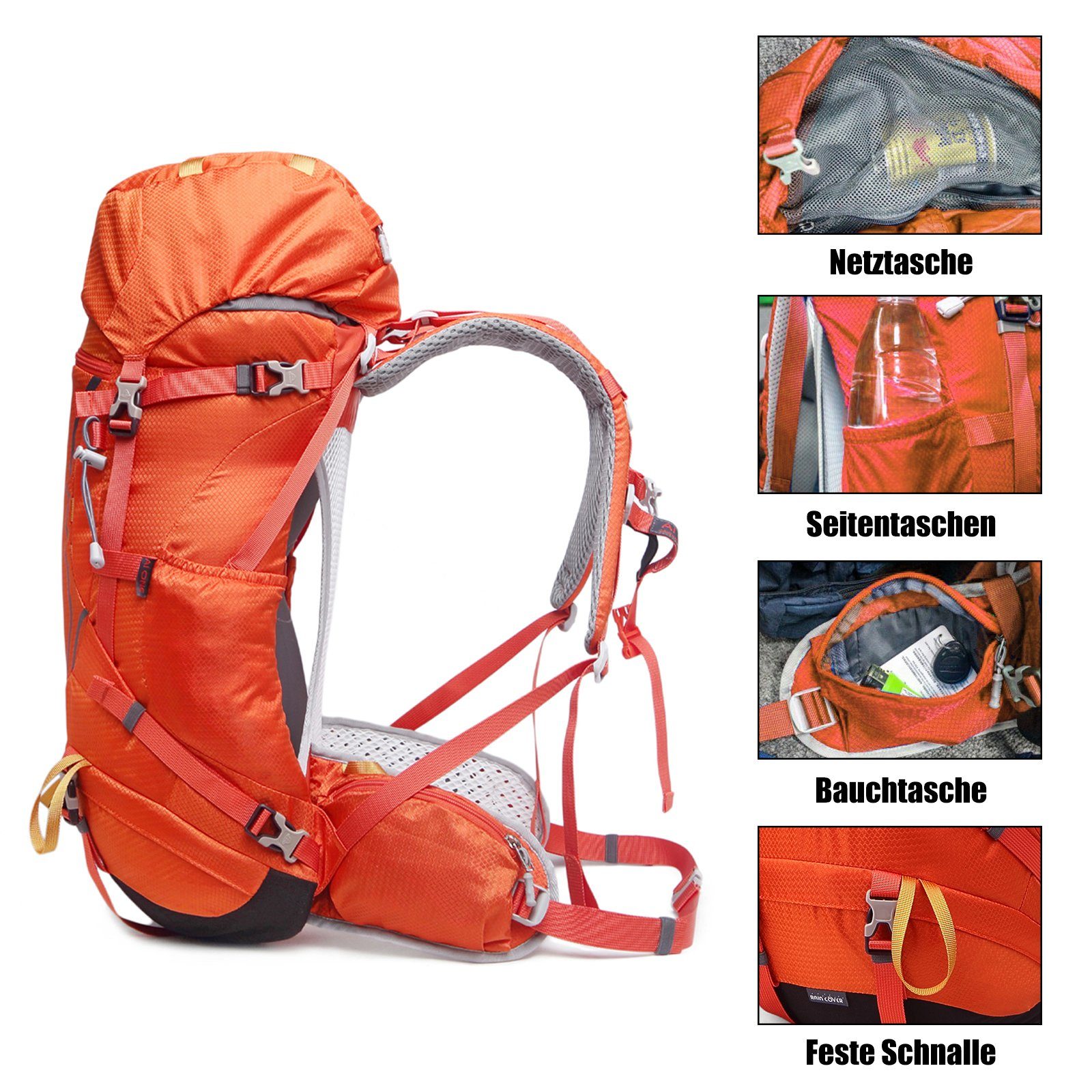 TAN.TOMI Kletterrucksack 35L Multifunktionaler Outdoor (Einschließlich für Orange Regenschutz), mit Trekking Regenschutz (30L+5L) Großer Wasserdicht Camping Reisen Wanderrucksack