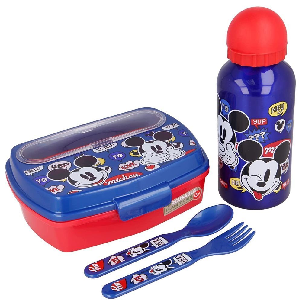 Disney Mickey Mouse Lunchbox Alu-Trinkflasche & Brotdose mit Besteck Mickey  Mouse Kinder Lunchbox-Set