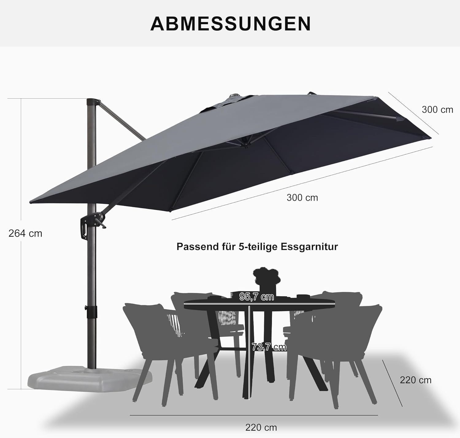 PURPLE LEAF Sonnenschirm Quadratischer Alu Außenbereich Ampelschirm mit Schirmständer, LxB: 300,00x300,00 cm, 360°Rotation, Sonnenschutz UV50+, für Garten, Terr – Bild 3 von 5