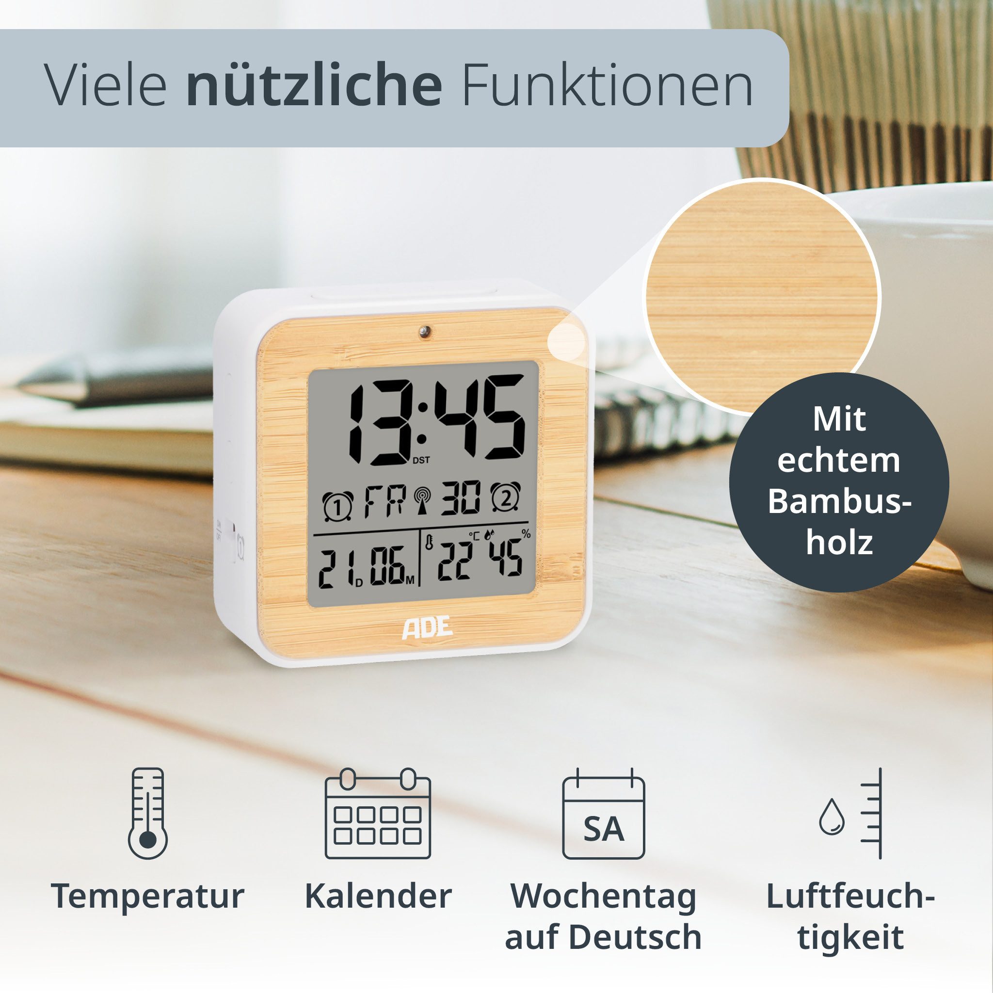 ADE Funkwecker Wecker digital funk mit Temperatur und Luftfeuchtigkeit automatischer Lichtsensor, 2 Weckzeiten, Schlummerfunktion