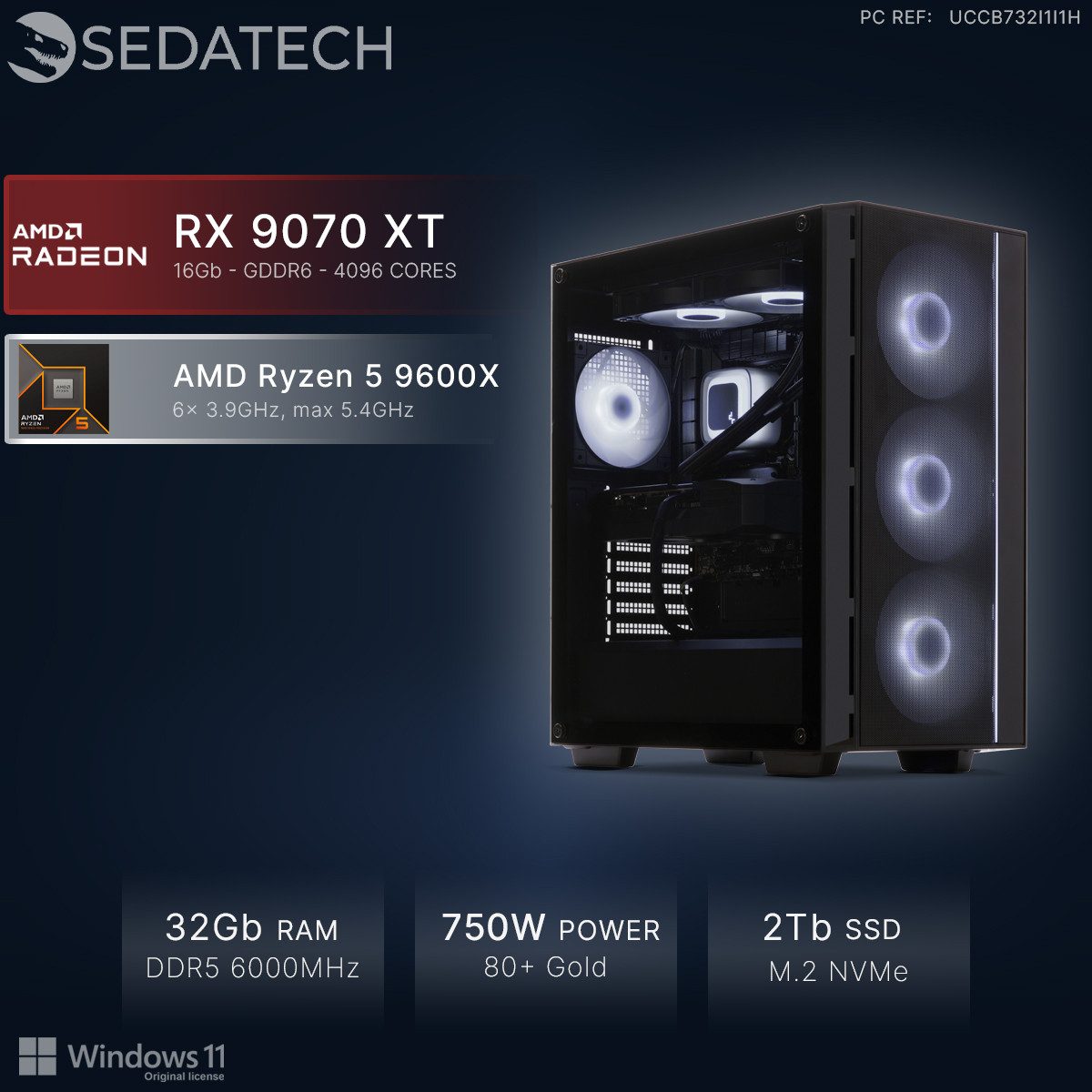 Sedatech UCCB732I1I1HF - Watercooling Gaming-PC (AMD Ryzen 5 9600X 6x 3.9GHz (max 5.4GHz), Radeon RX 9070 XT 16GB, 32 GB RAM, 2000 GB SSD, Watercooling, Wlan 6E)