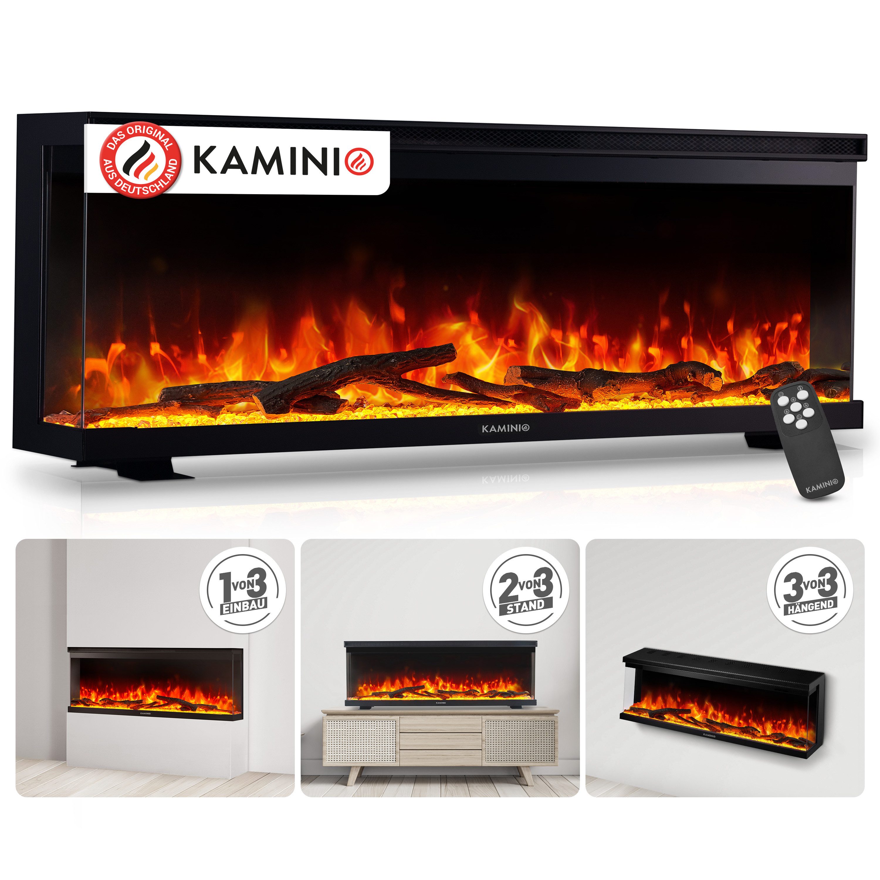 KAMINIO Elektrokamin LEA, 3in1 Kamin: Elektrischer Stand-, Wand- und Einbaukamin, Panoramaview