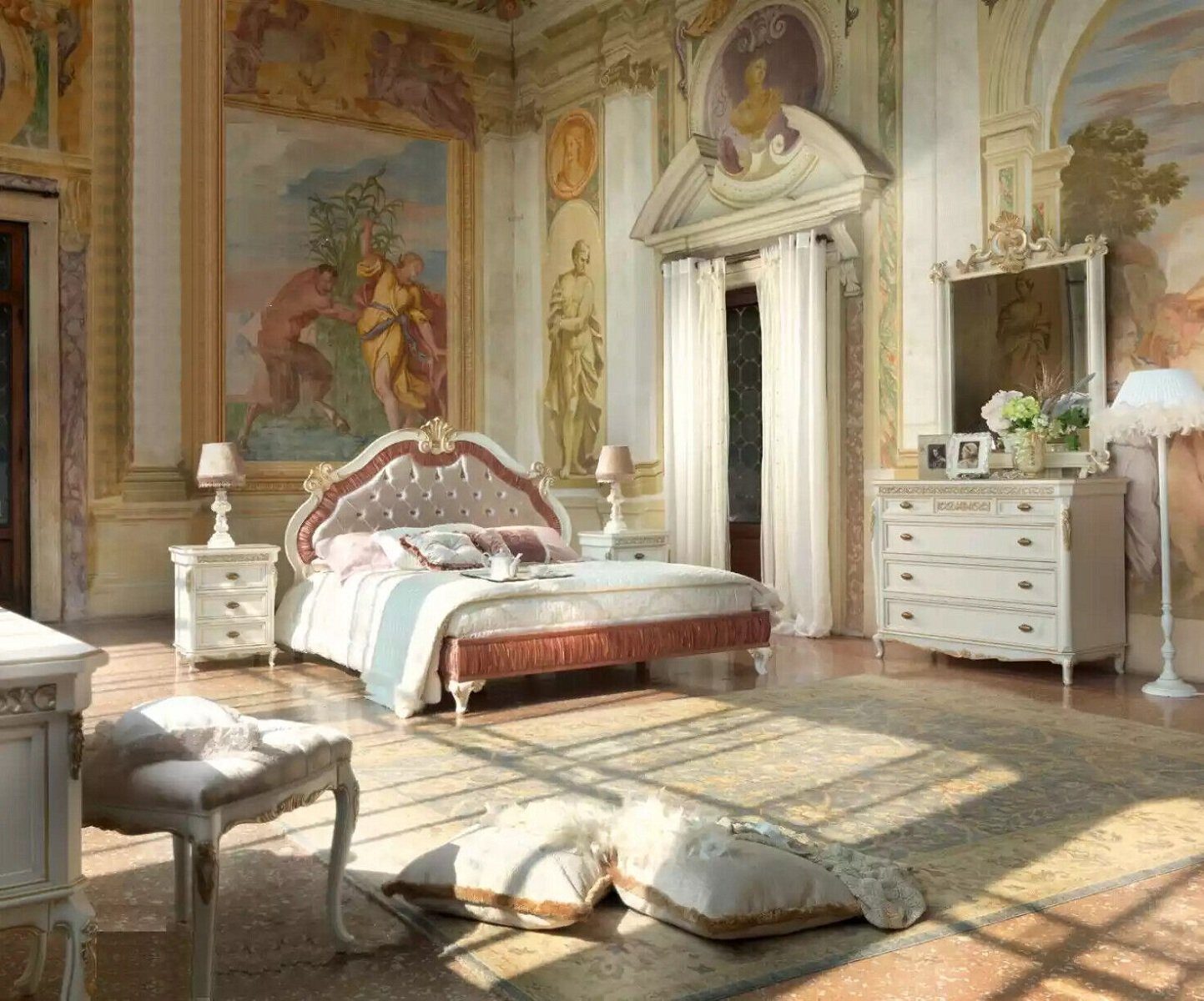 Luxus Nachttische Nachttische Kommode, Möbel Kommode Bett + Bett tlg. 5 Schlafzimmer + Set Design Spiegel) 2x (5-St., + Schlafzimmer-Set JVmoebel 2x