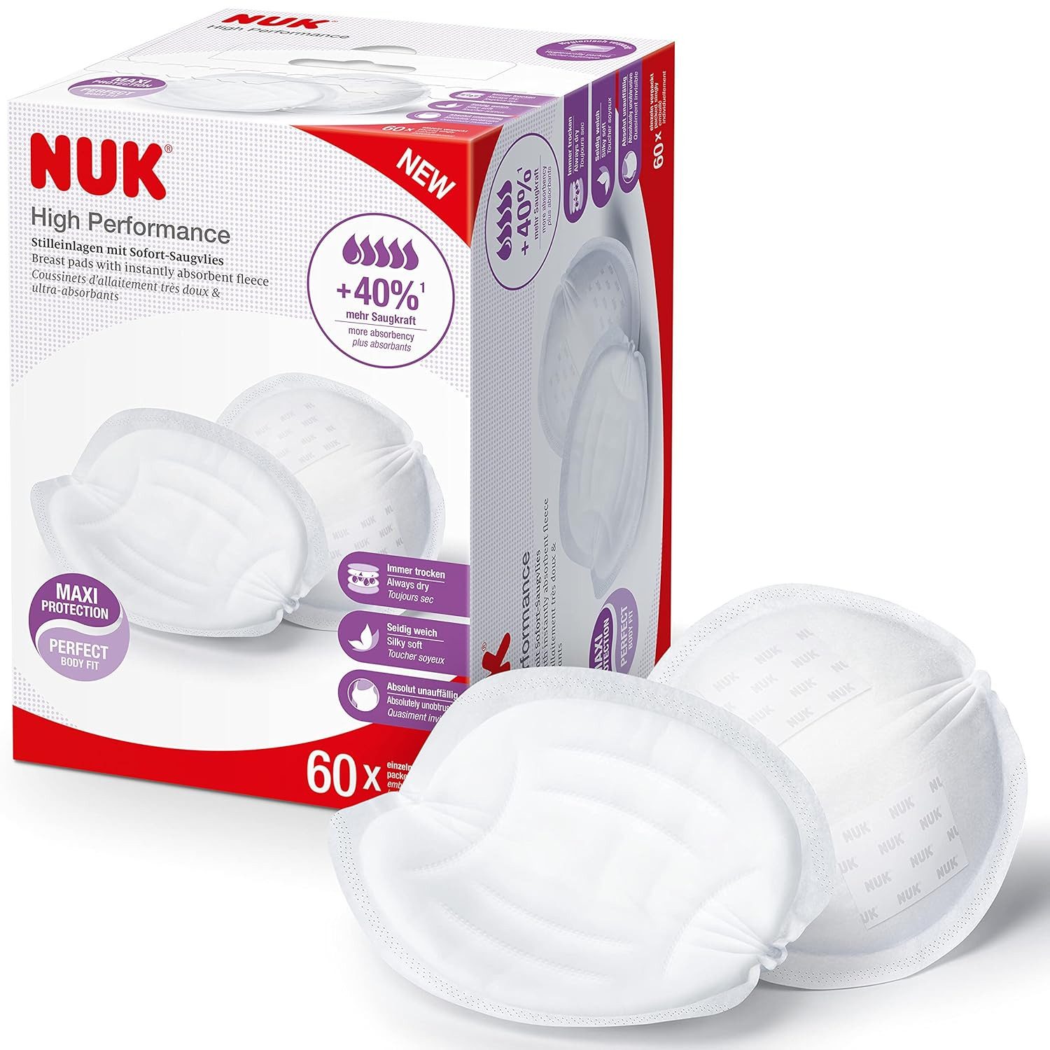 NUK BH-Stilleinlagen NUK Stilleinlagen High Performance – 60 Stück, Atmungsaktiv, 60-St., Zwei große Klebestreifen verhindern verrutschen