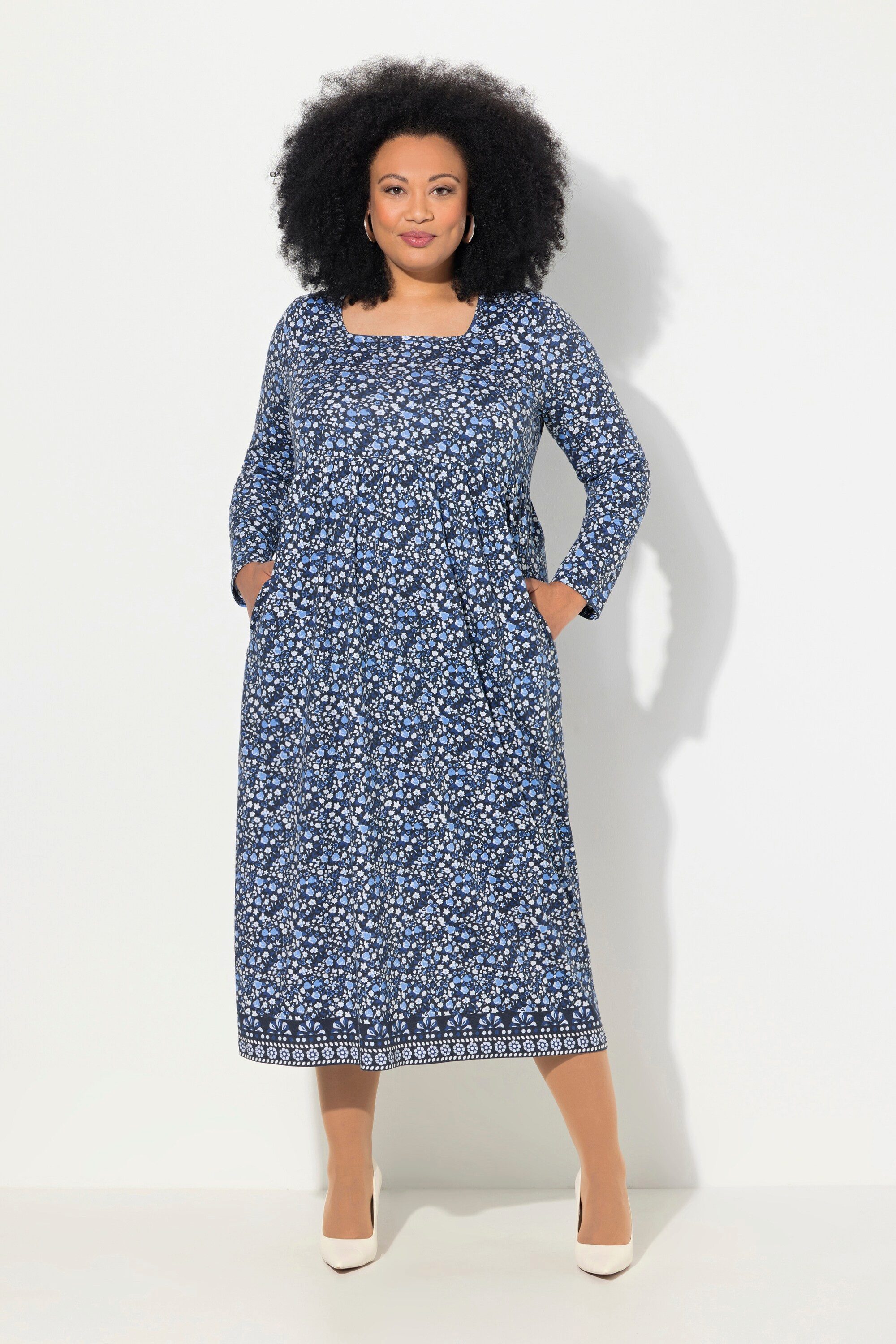 Maxikleid Jerseykleid A-Linie Carree-Ausschnitt Langarm