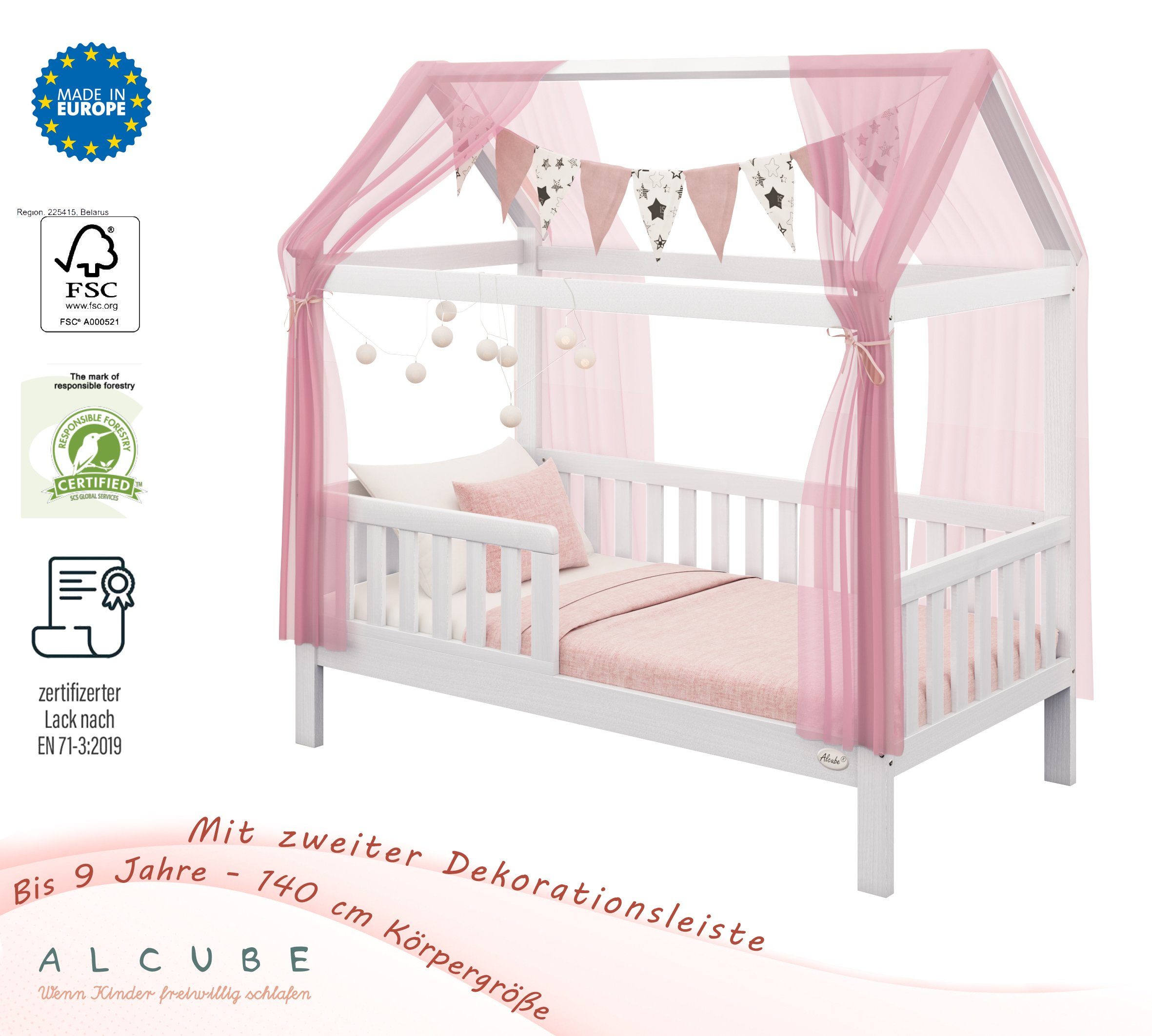Möbel Babymöbel Alcube Hausbett HEIM - KOMPLETT SET - Modell 2022, inklusive Matratze Rosa Dekoration wechselbarem Rausfallschut