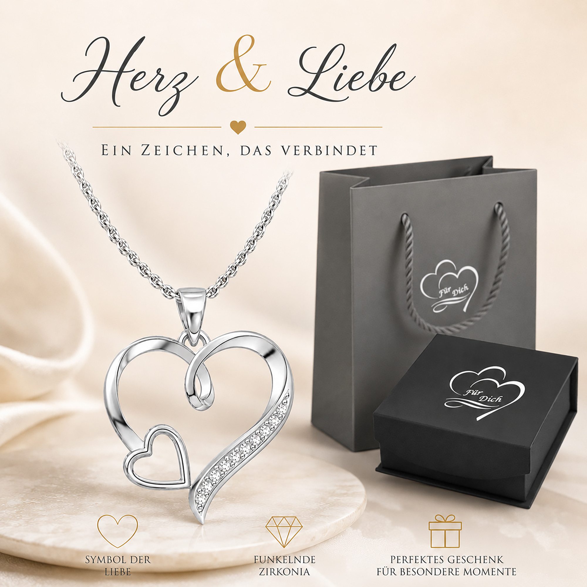 Limana Herzkette Liebesbeweis Schmuck Damen 925 Silber gold vergoldet Halskette (Geschenk Frau Freundin, Kette mit Anhänger inkl. Dose Tasche), Geburtstag Jahrestag Hochzeitstag Weihnachten Muttertag Valentinstag