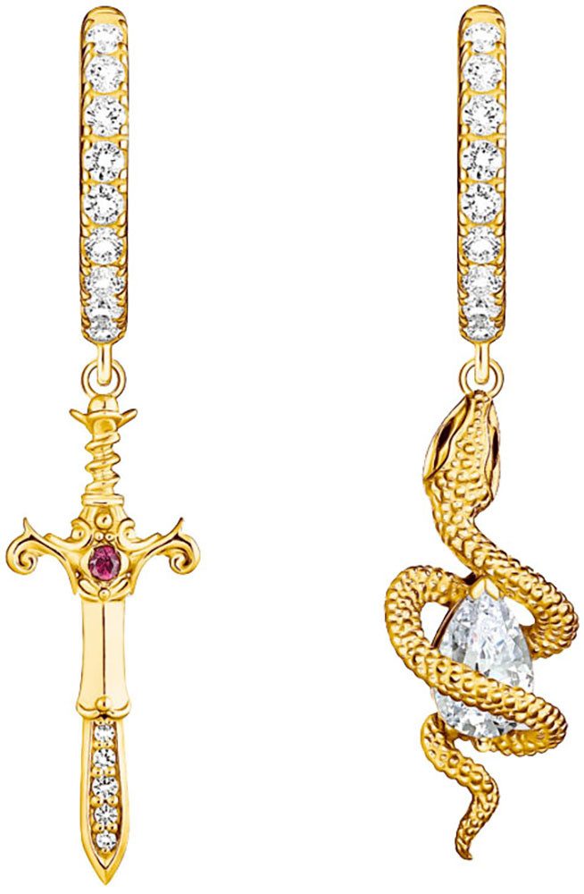 THOMAS SABO Paar Creolen mit Anhänger Tempting Romance, Schlangen/Schwert-Design, mit Zirkonia (synth), Saphir (synth)