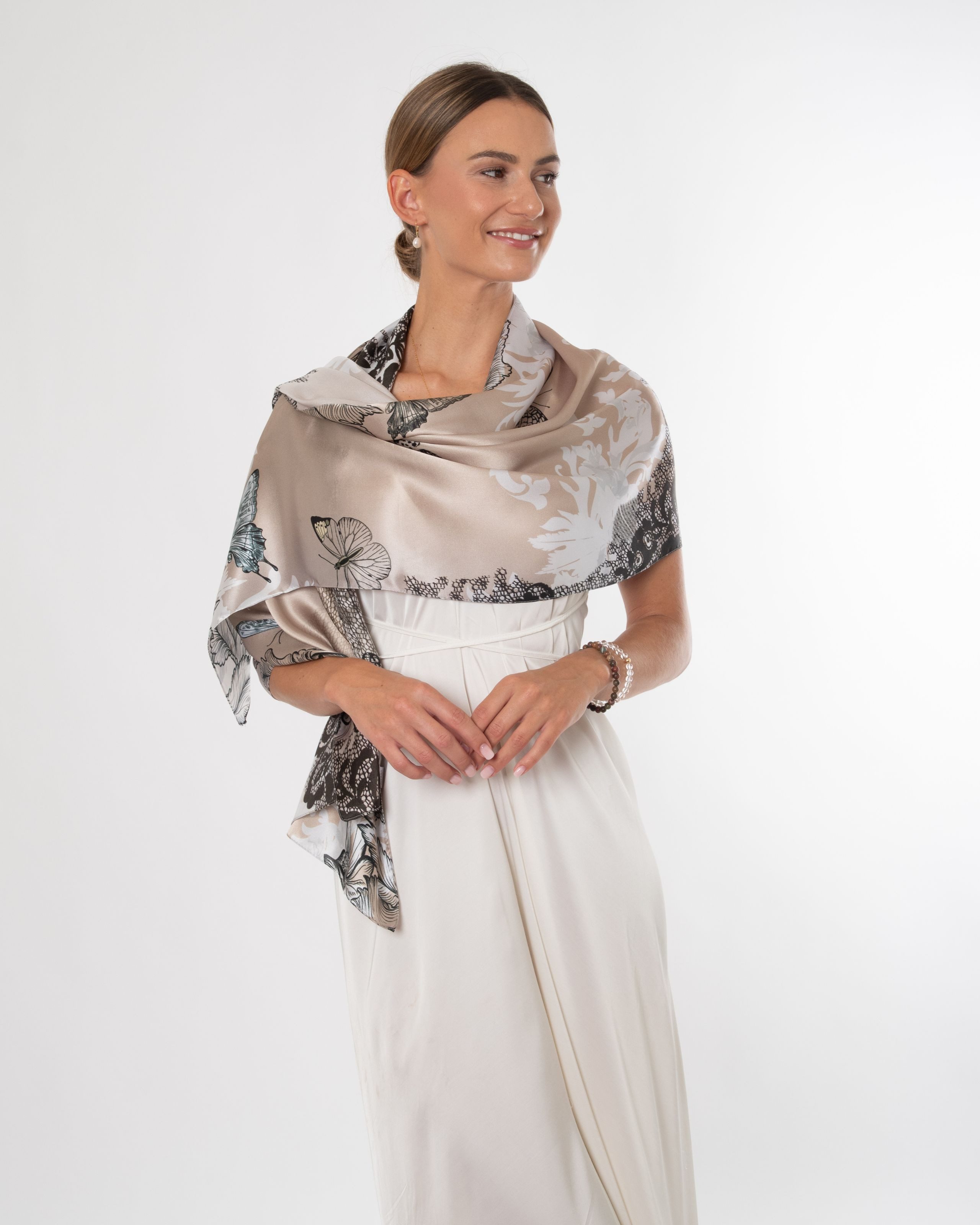 MayTree Seidenschal Lace taupe schwarz, 55x175cm, leichter Damen-Schal, alljährig, (Stück), Seidentuch 100% Seide